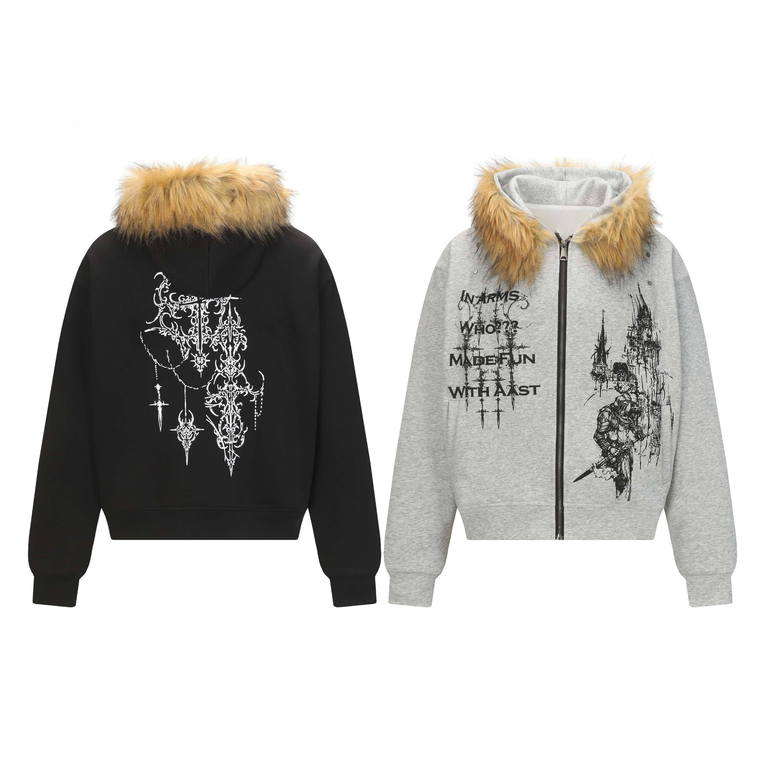 Black and grey gothic zip hoodies with faux fur trimmed hoods, knight and ornamental cross graphic prints, shown front and ba