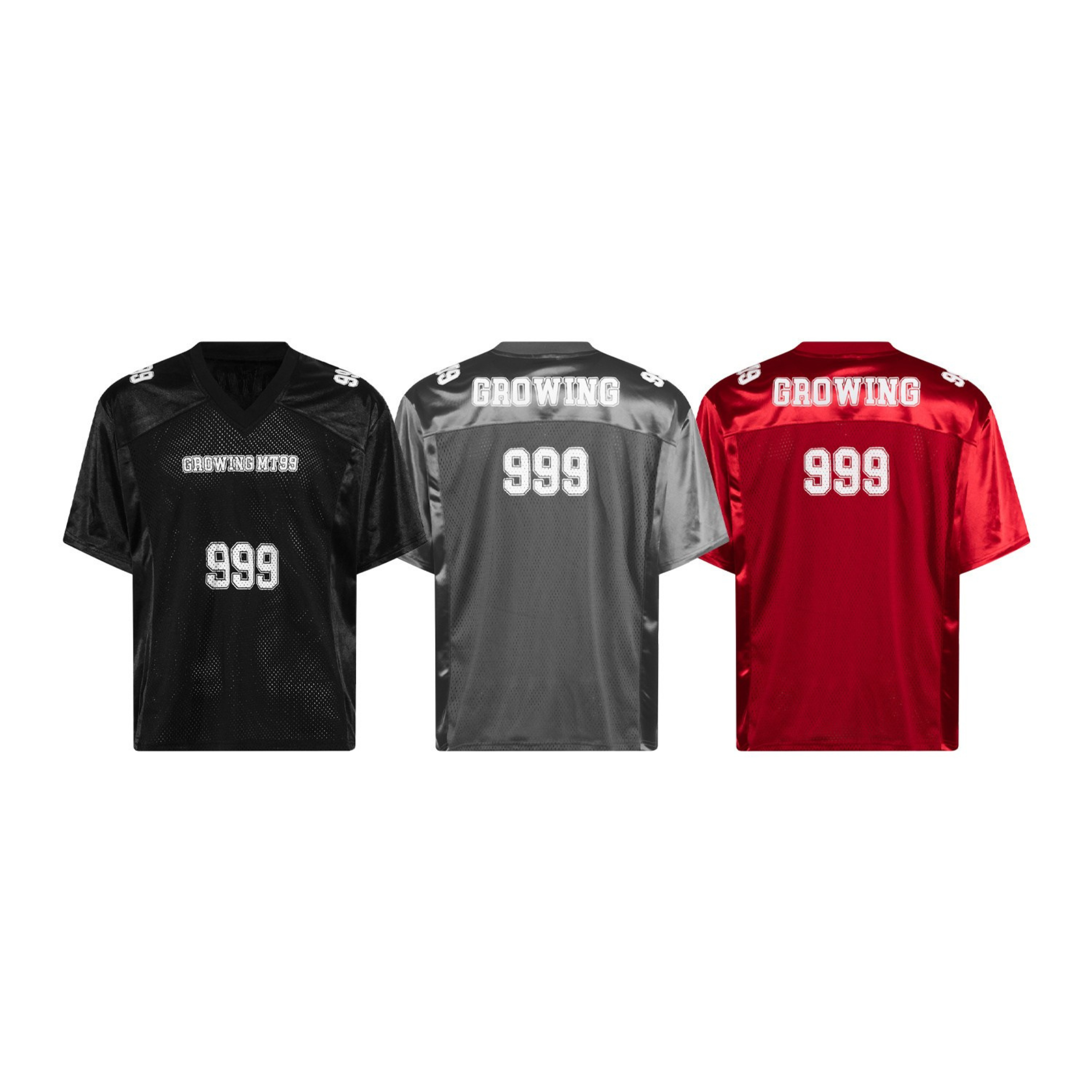 Black Growing MT99 metallic varsity mesh jersey tee with oversized 999 front graphic and glossy shoulder panels