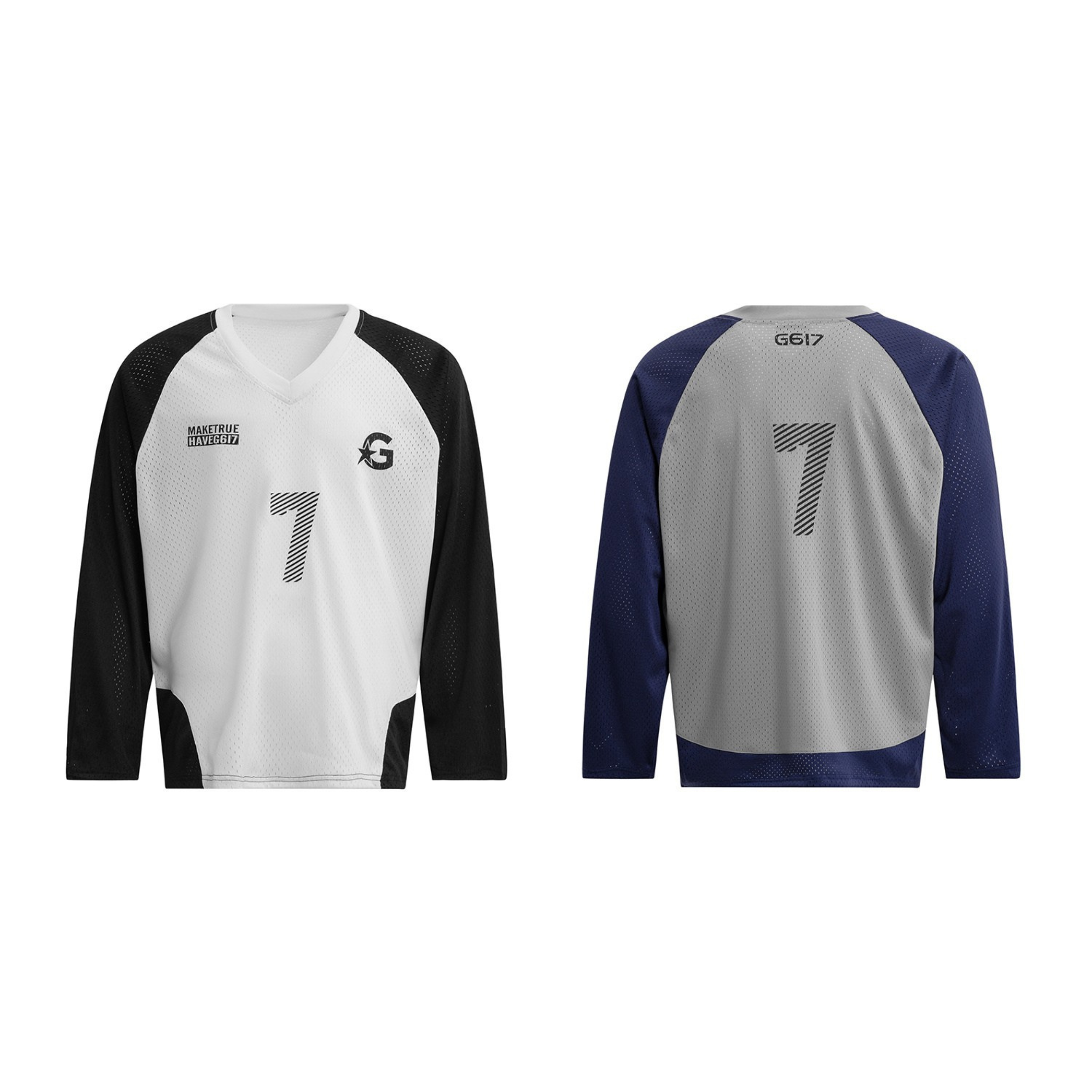 Front and back view of white and black long-sleeve mesh jersey tee with number 7 print and raglan sleeves