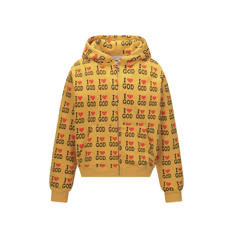 Yellow zip hoodie with all-over I Love God print, front view