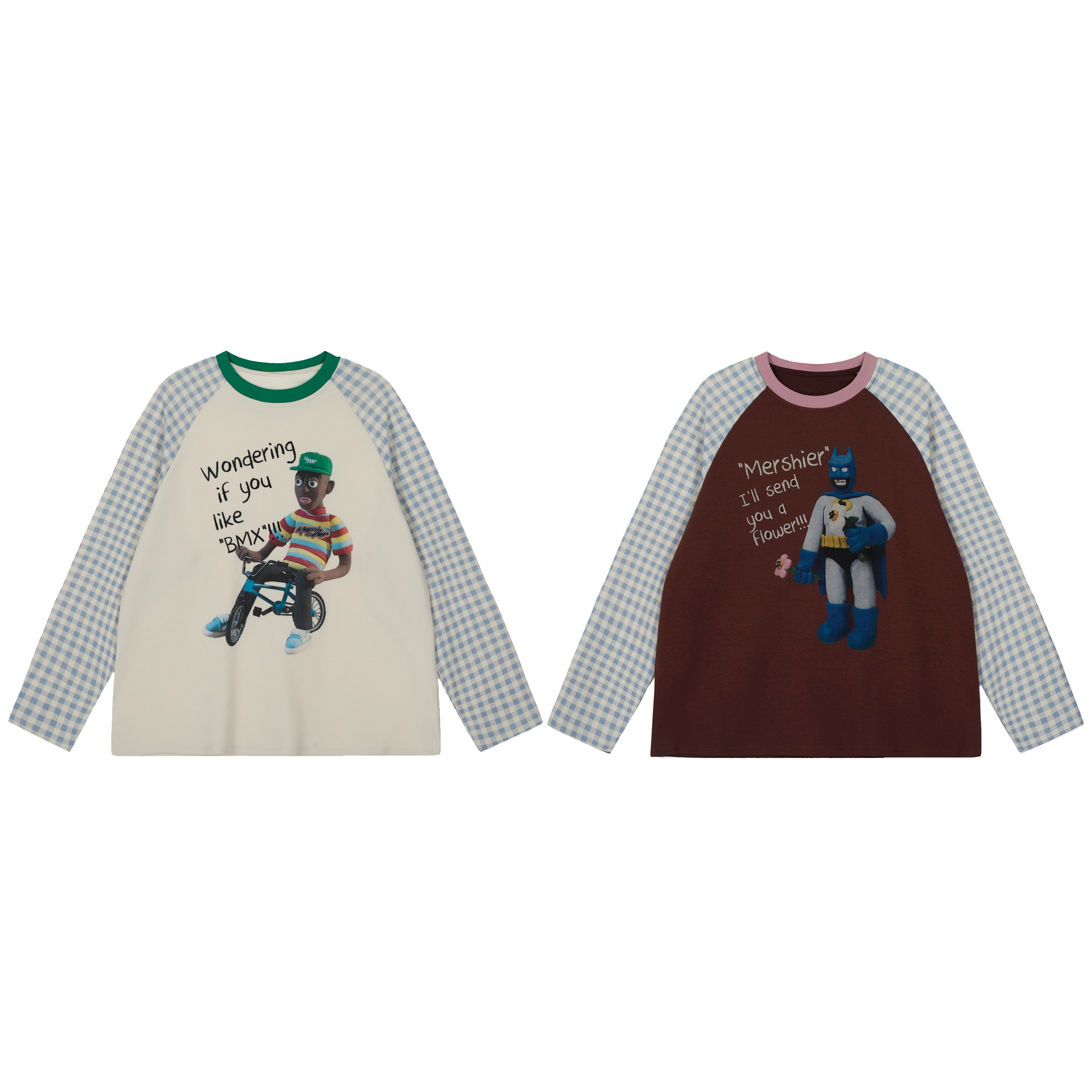 Cream raglan long-sleeve tee with blue gingham sleeves, green collar, and clay-style BMX character graphic on the front