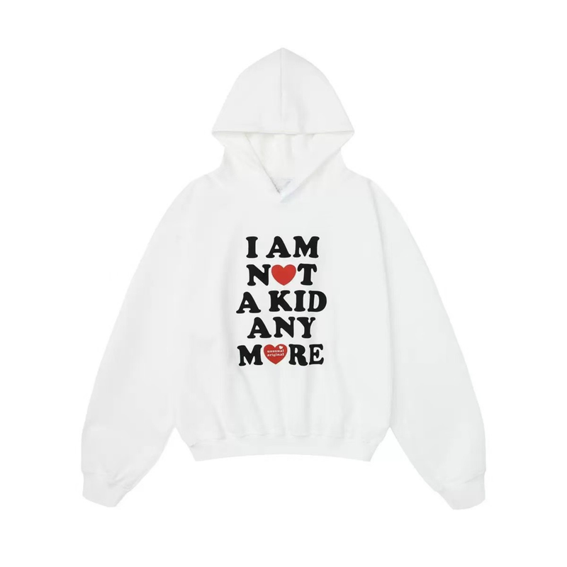 White pullover hoodie front view with black and red text graphic