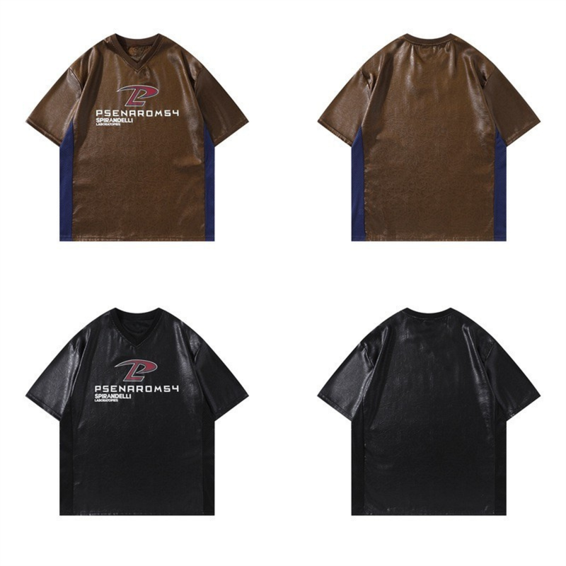 PU leather-look V-neck racing tee in brown and black with bold front graphic and oversized fit