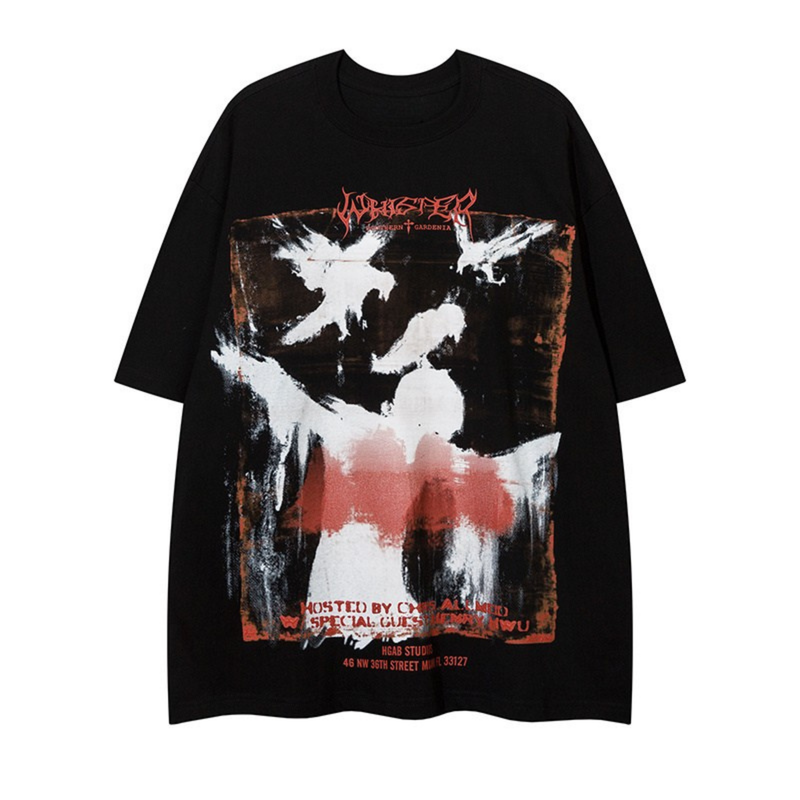 Black oversized tee with distressed white raven graphic and red gothic lettering on the front