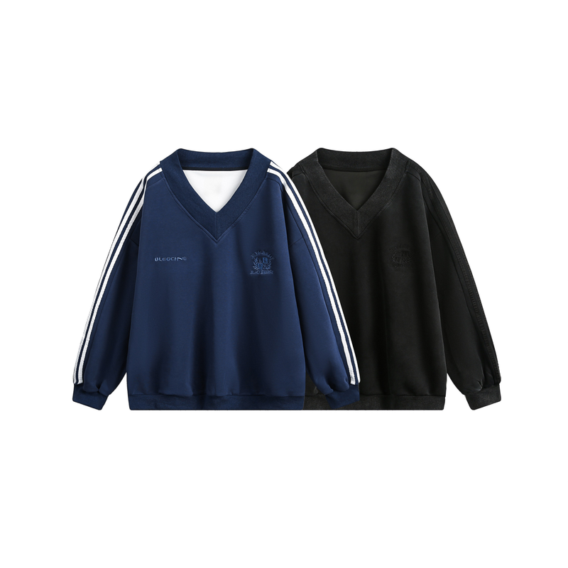 Front view of navy and black V-neck pullover sweatshirts with white sleeve stripes