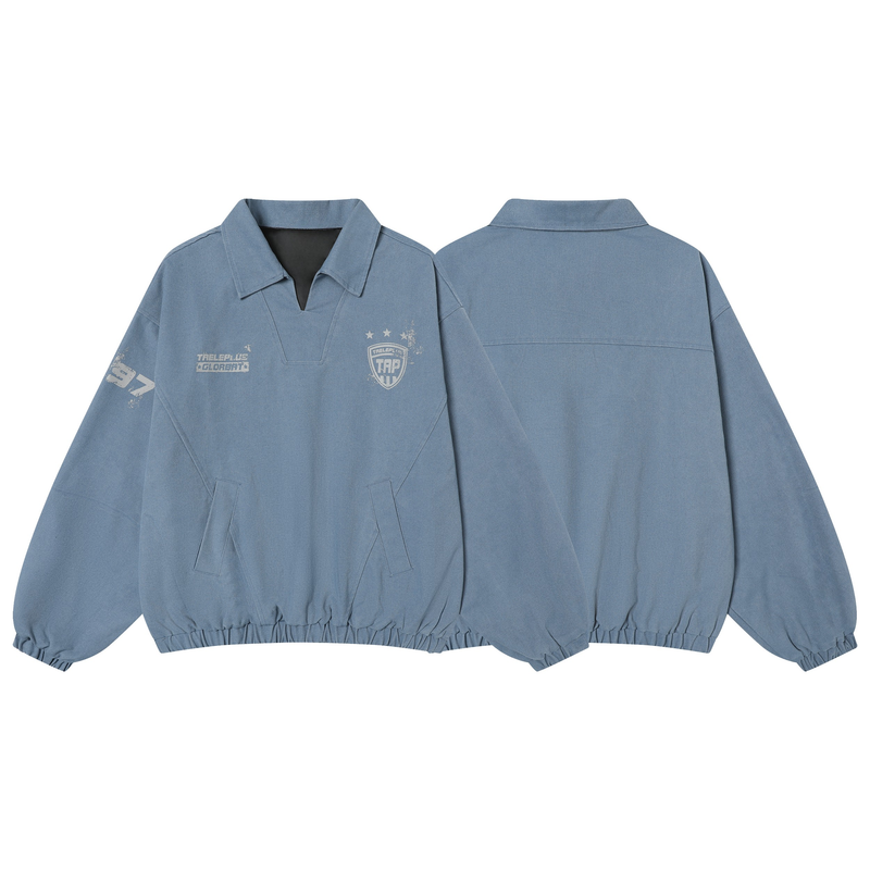 Blue pullover sweatshirt front and back views showing varsity graphics