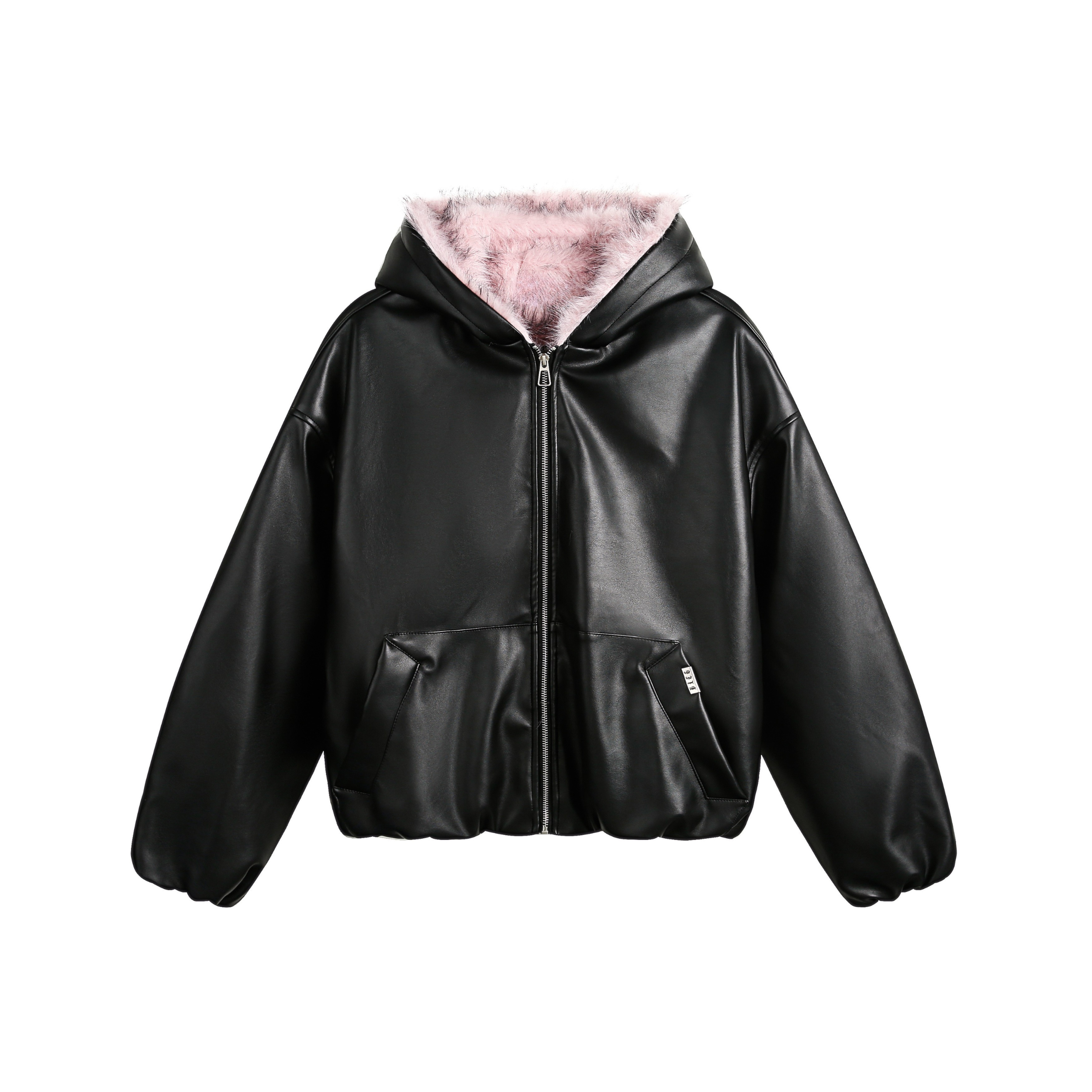 Faux Fur Hooded PU Leather Bomber Jacket | Black & Pink