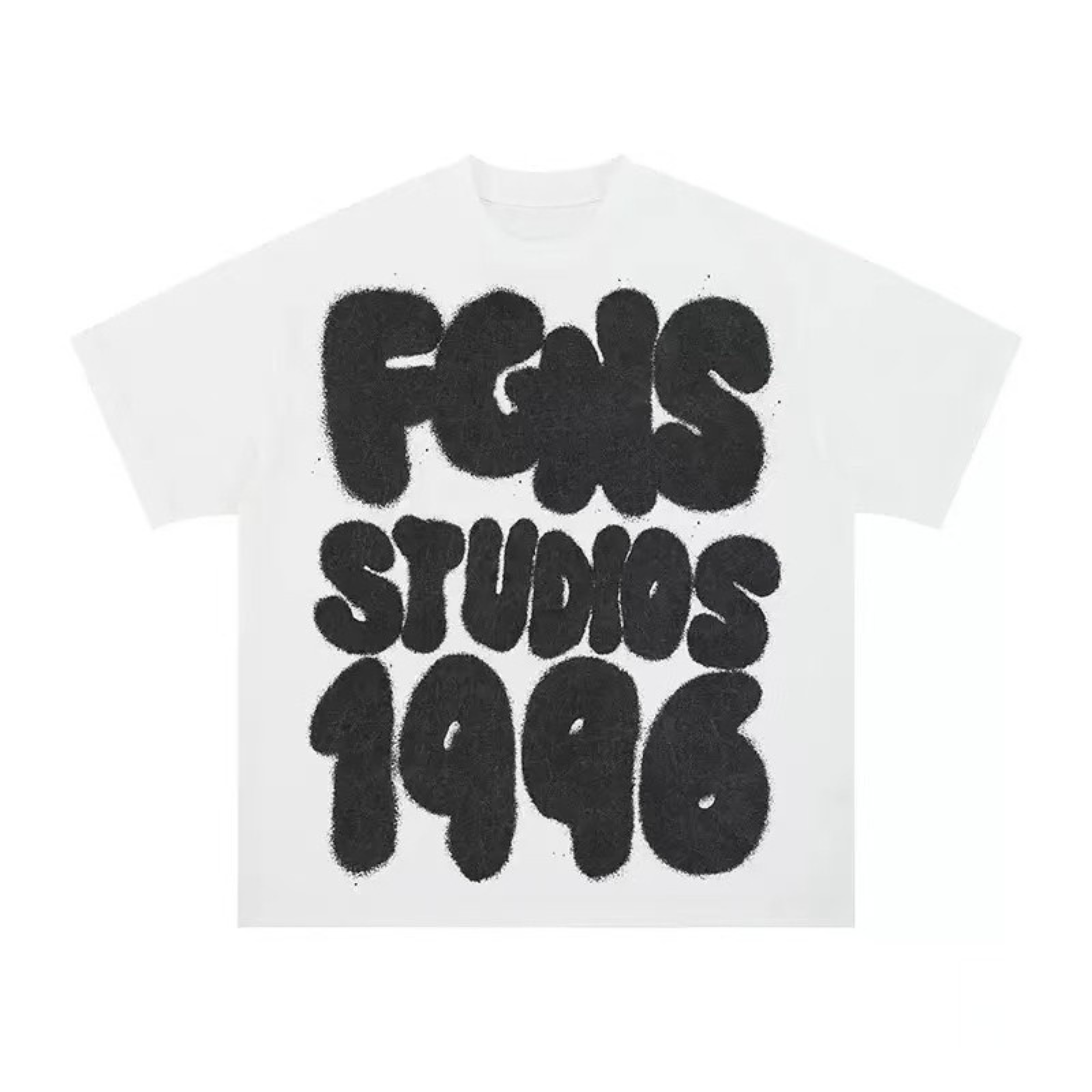 White oversized graphic tee with bold black spray-paint bubble lettering reading FGNS Studios 1996 on the front