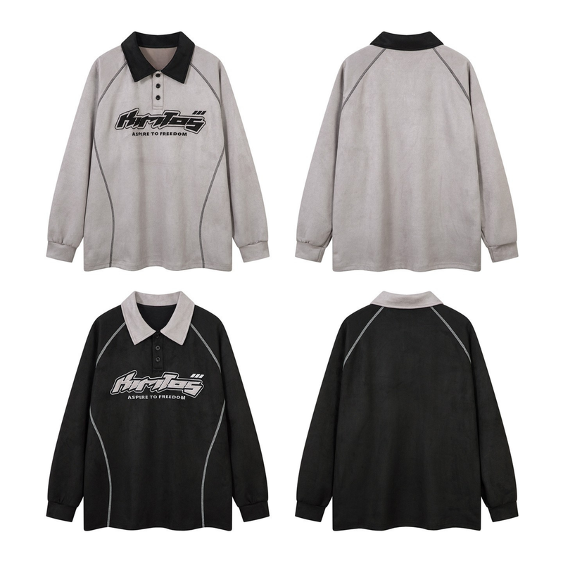Front and back views of long-sleeve polo shirt in light gray and black colorways