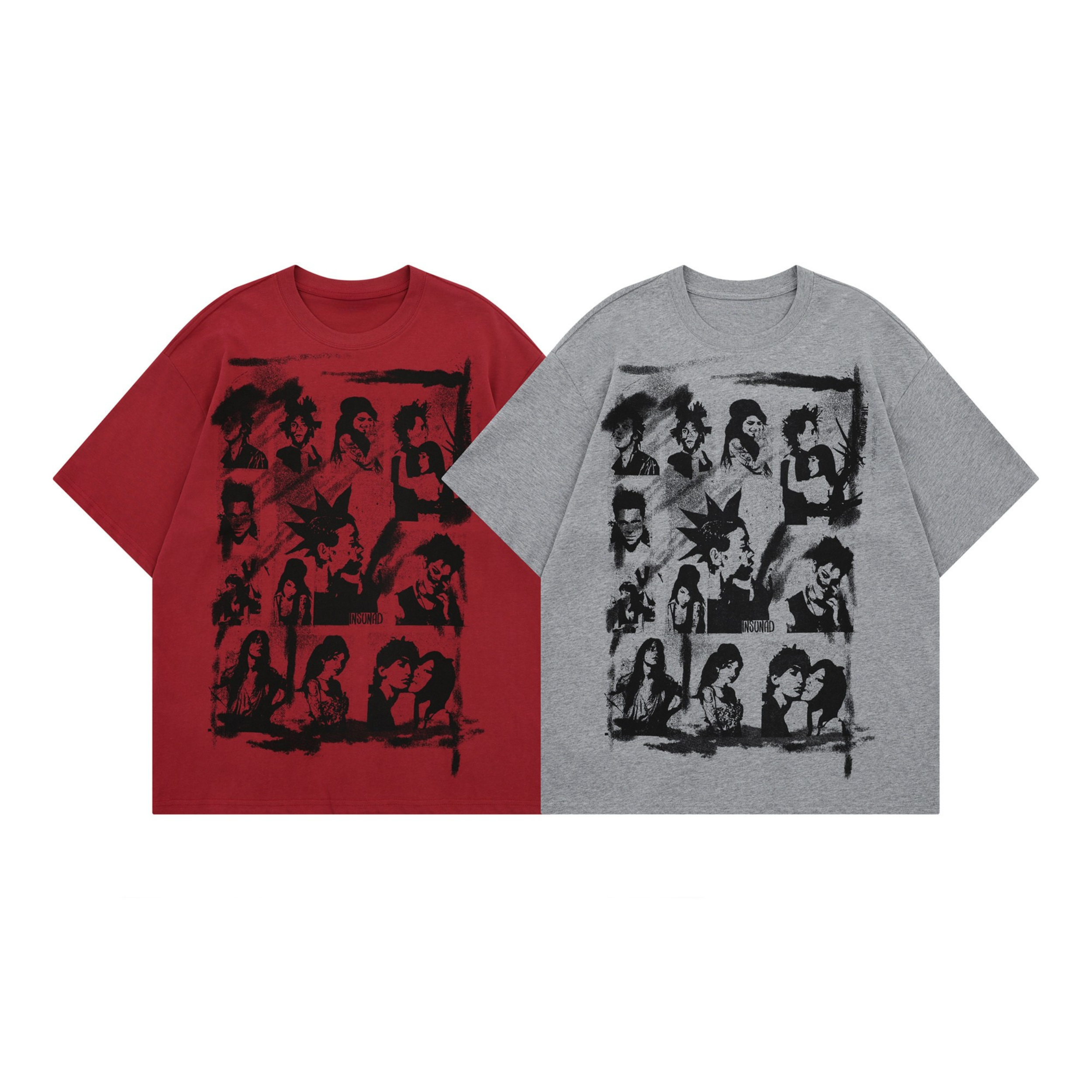 Red and grey oversized graphic tees with black sketch-style portrait collage print and brushstroke borders