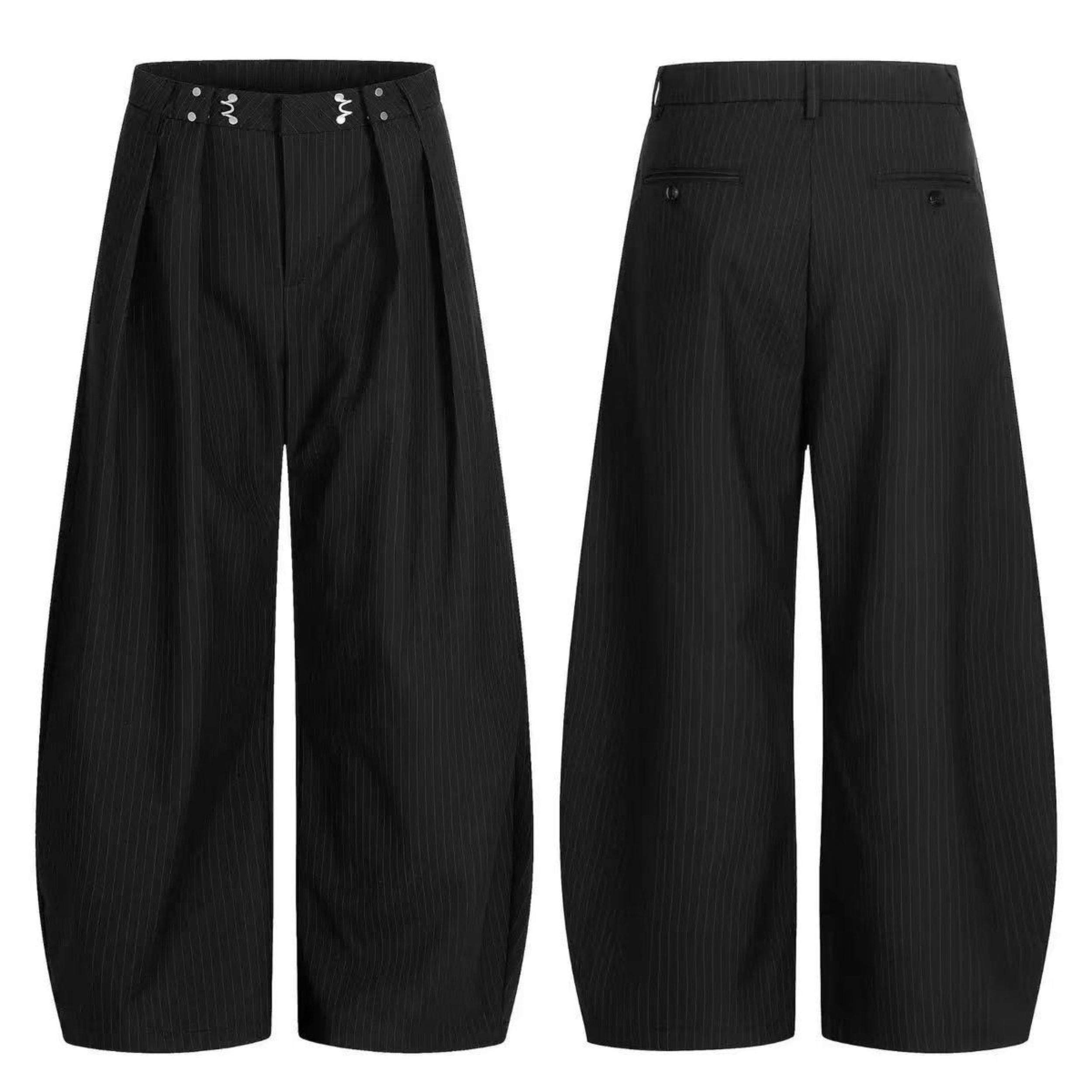 Black pinstripe wide-leg suit pants with front pleats, high waist, and decorative metal hardware, shown front and back