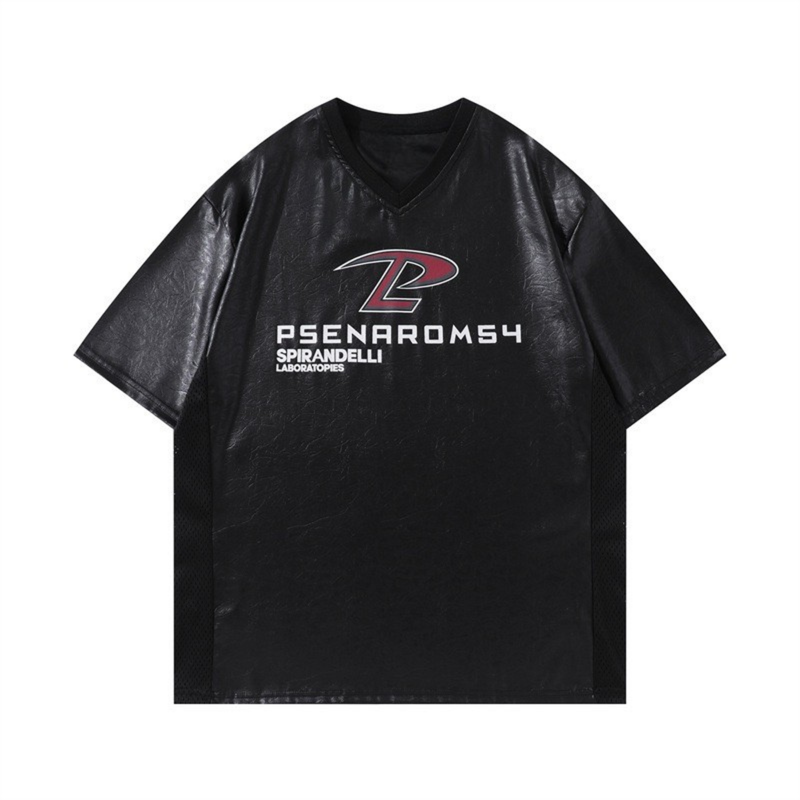 Black PU leather-look V-neck streetwear tee with racing-style graphic logo on the chest
