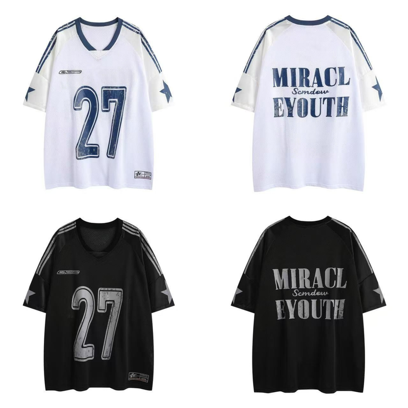 Split mesh varsity tee in white and black with oversized number 27 and bold streetwear graphics on front and back