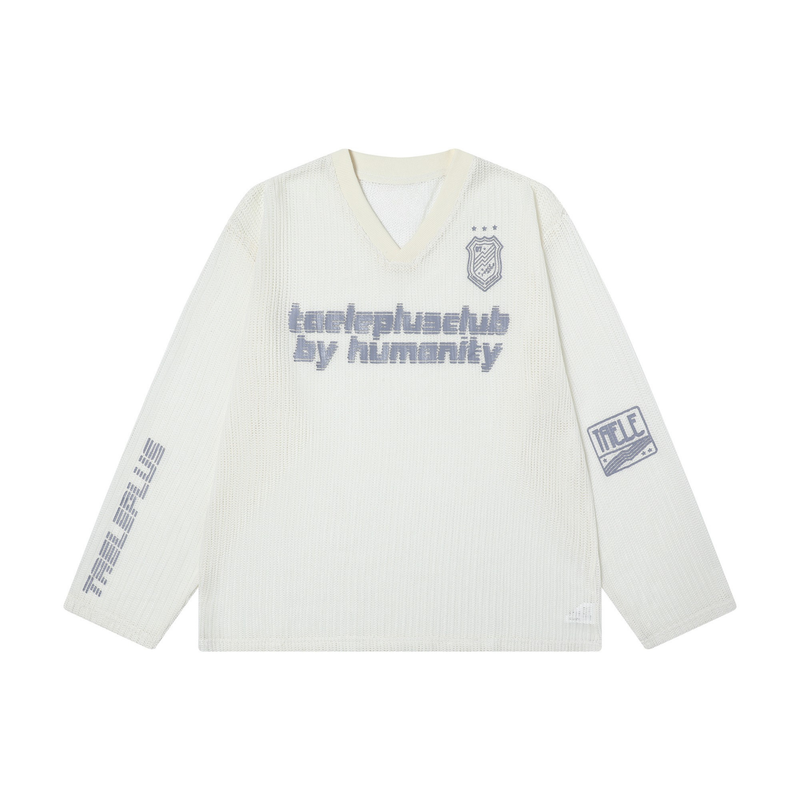 Cream mesh long sleeve V-neck tee with front varsity graphic and crest detail