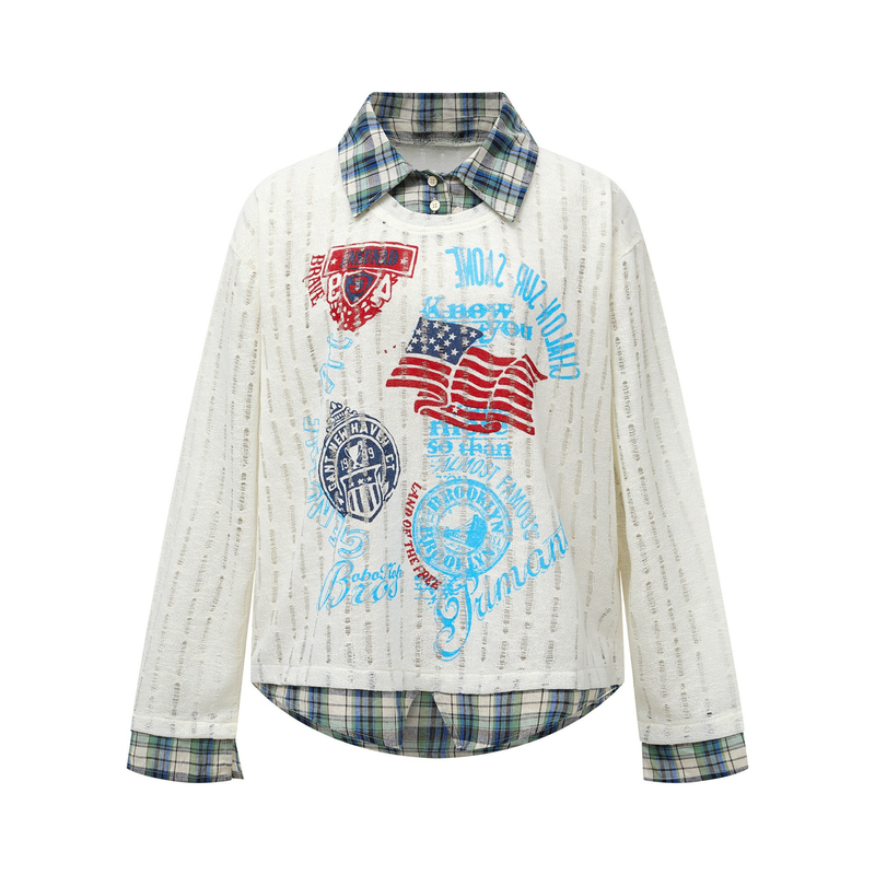 Cream distressed long-sleeve shirt with plaid collar and cuffs, front view with retro graphic print