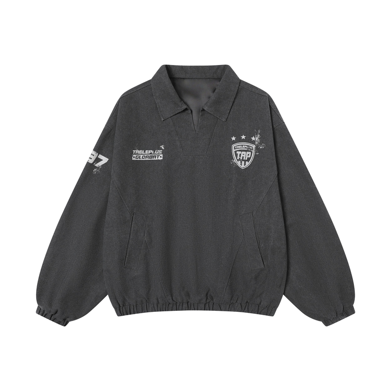 Black pullover sweatshirt with collar and white varsity chest graphics, front view