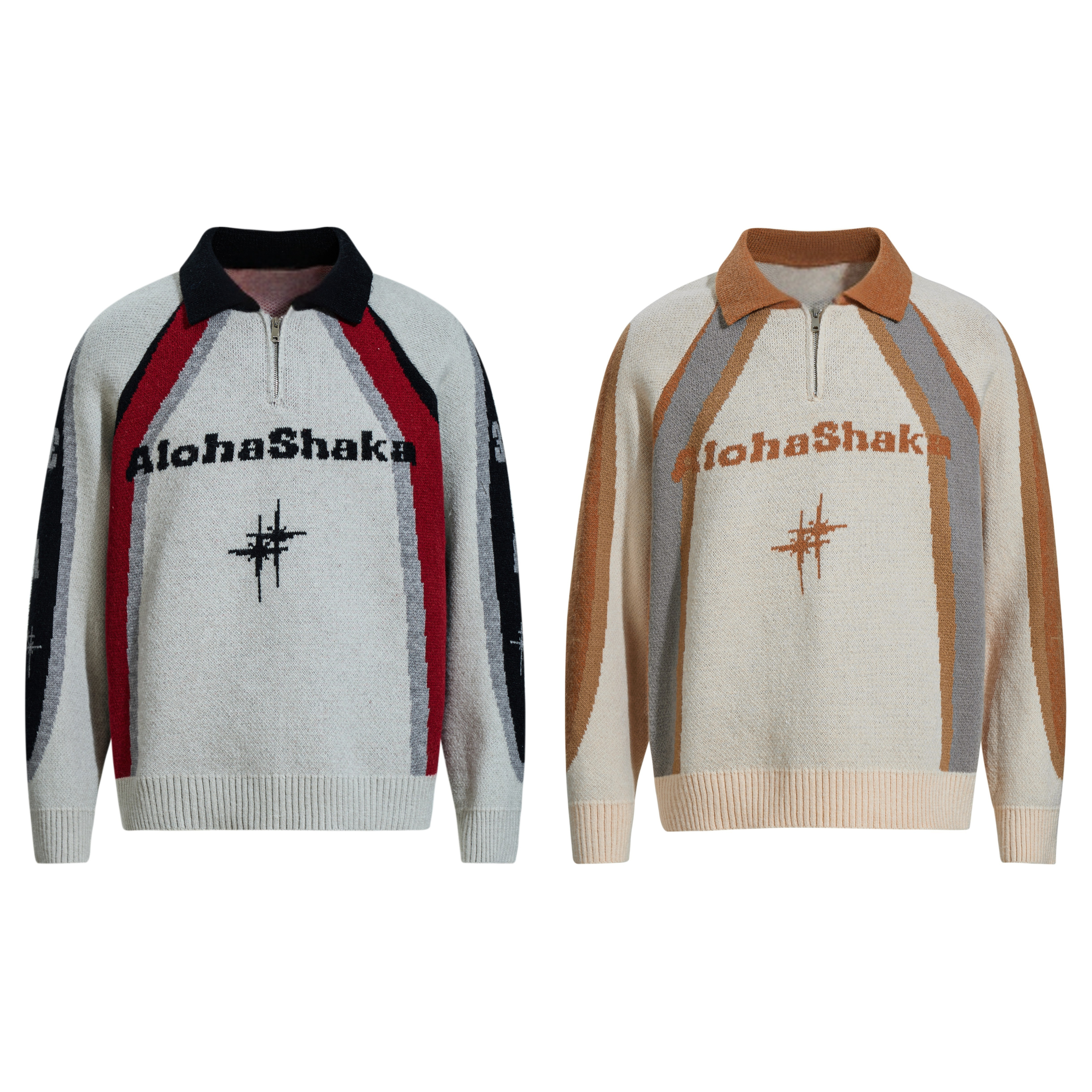 AlohaShaka retro colorblock half-zip knit sweater in black-red and camel-grey colorways, front view