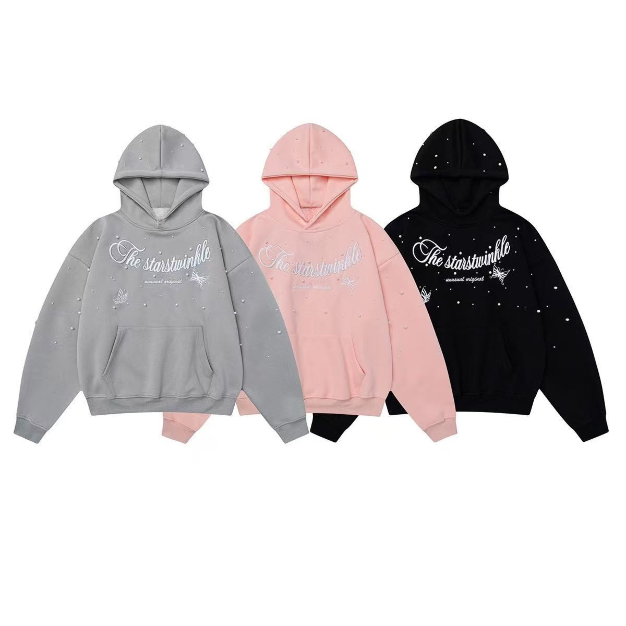 Grey oversized pullover hoodie with pearl embellishments and white script graphic on chest, flat lay product shot