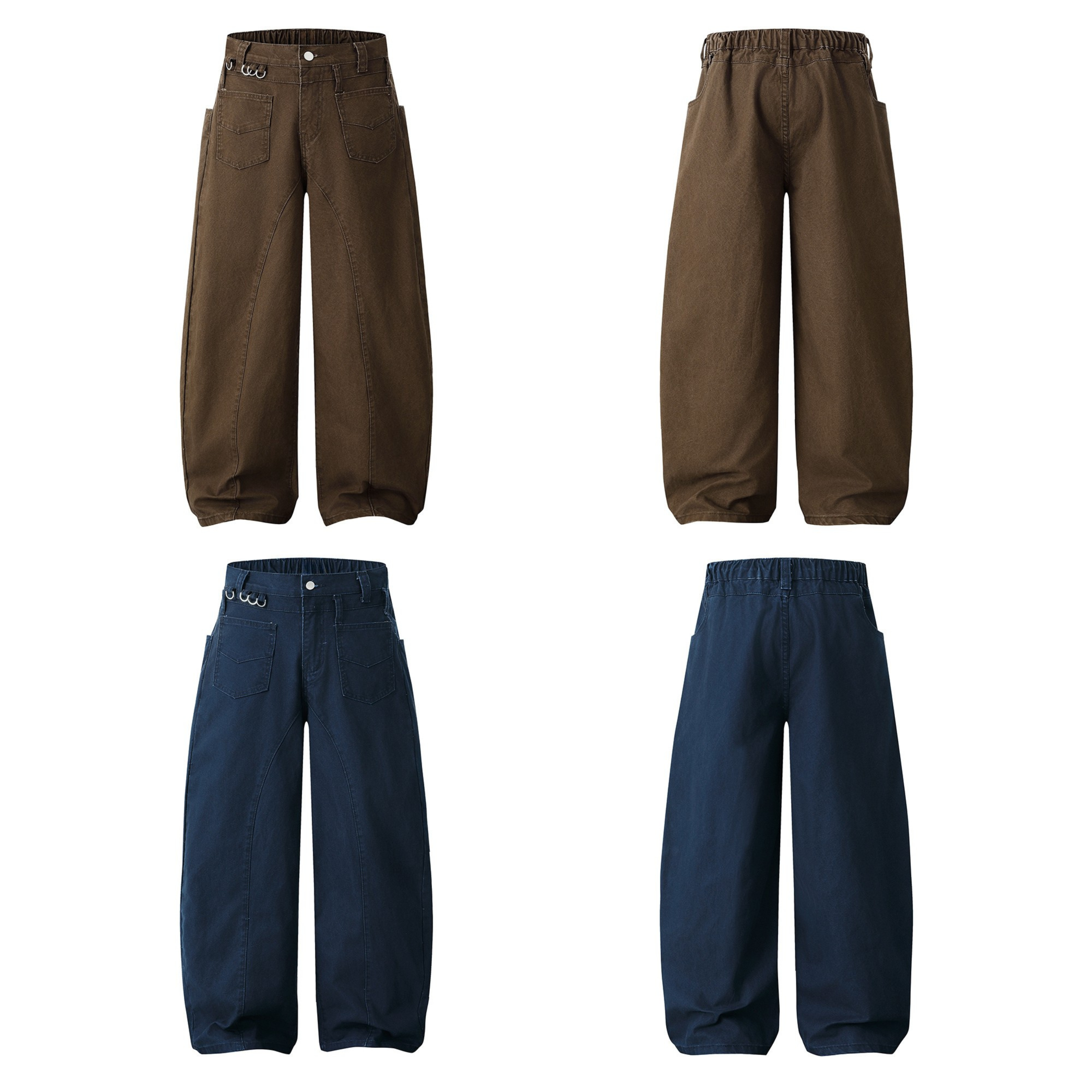 Wide-Leg Cotton Pants with Metal Ring Waist Detail