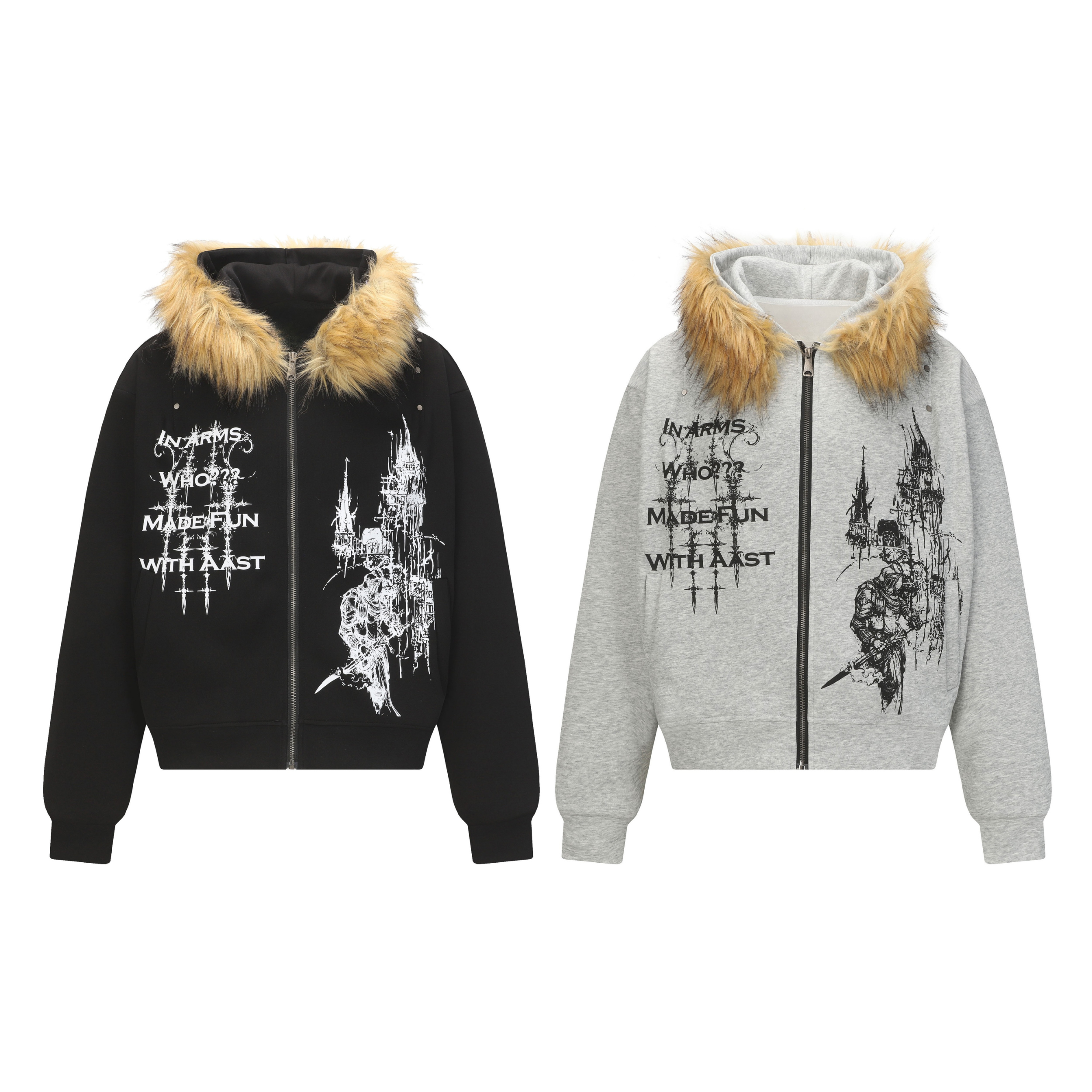 Gothic Faux Fur Hood Zip Hoodie | Medieval Knight Graphic