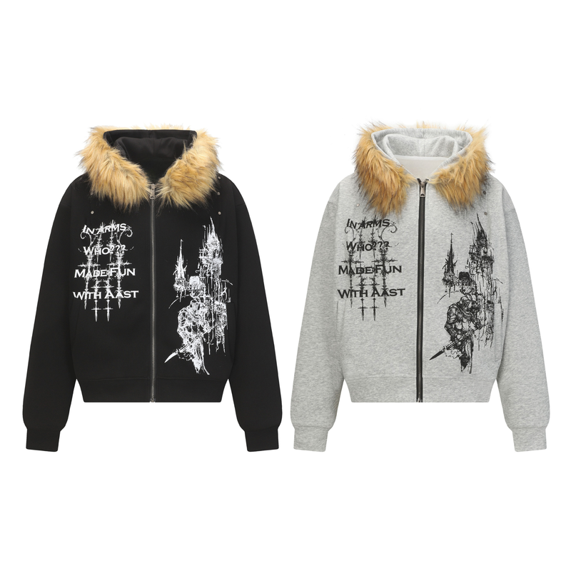Black and light gray zip hoodies shown front view with tan faux fur hoods and gothic prints