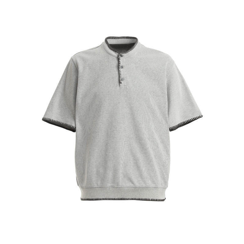 Light gray relaxed fit Henley tee with contrast stitching, short sleeves, and a ribbed collar on a clean white background