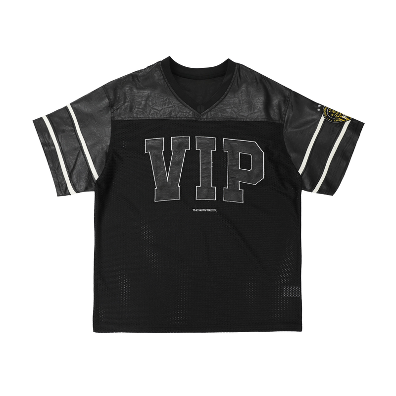 Black mesh football tee with leather-look panels, white sleeve stripes, and bold VIP lettering on the front
