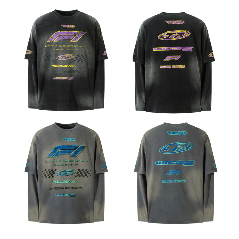 Four-way product view of the layered motorsport graphic tee in black and gray