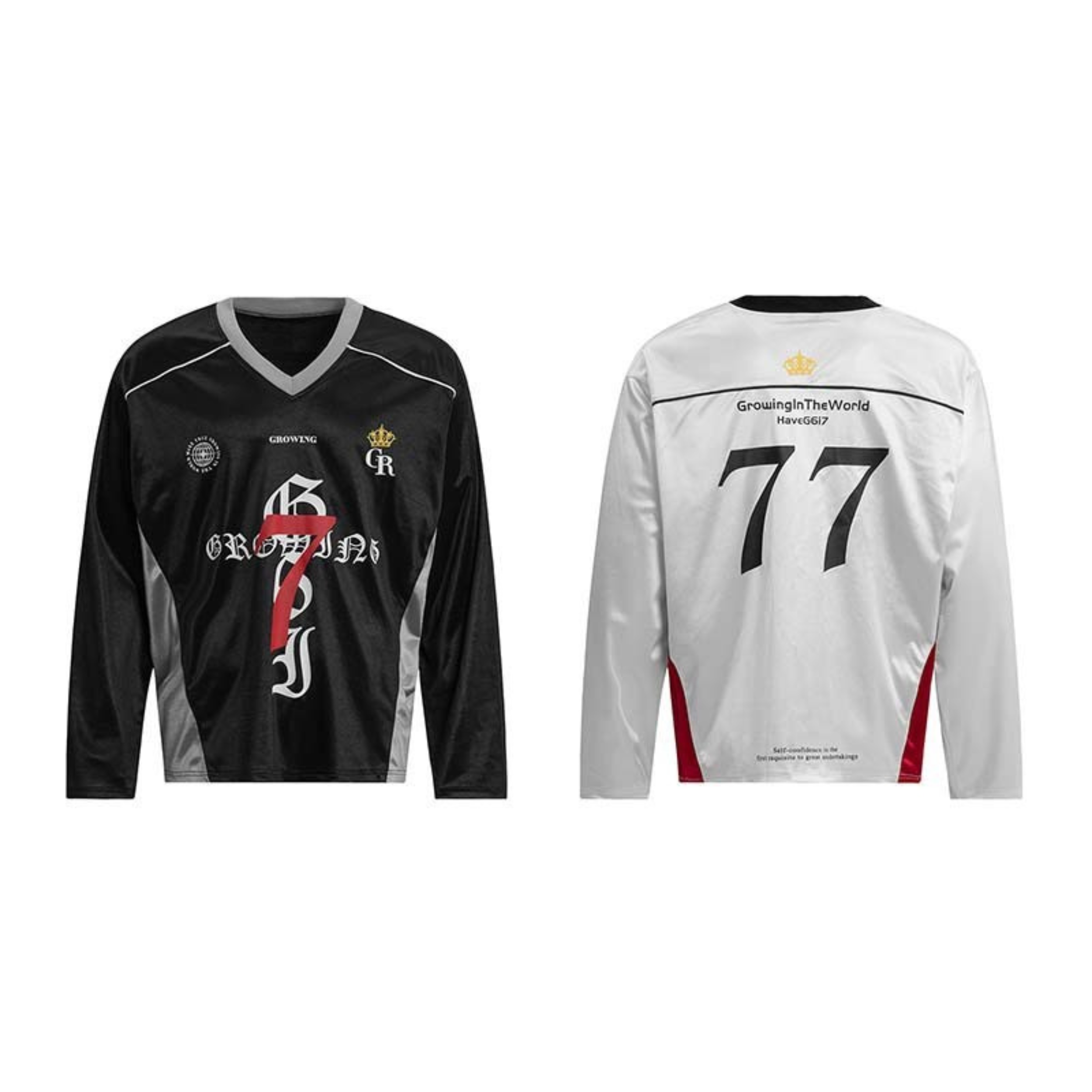 Black long sleeve gothic jersey with red number 7, gothic lettering, crown crest, and grey contrast side panels
