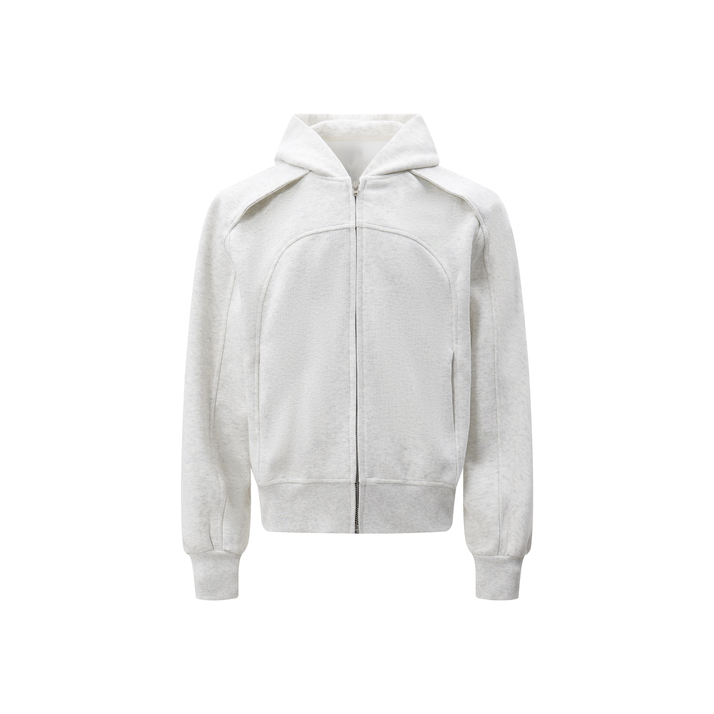 Omirad Sculpted Zip-Up Hoodie in light heather grey with curved panel seams and full-length zipper, front view