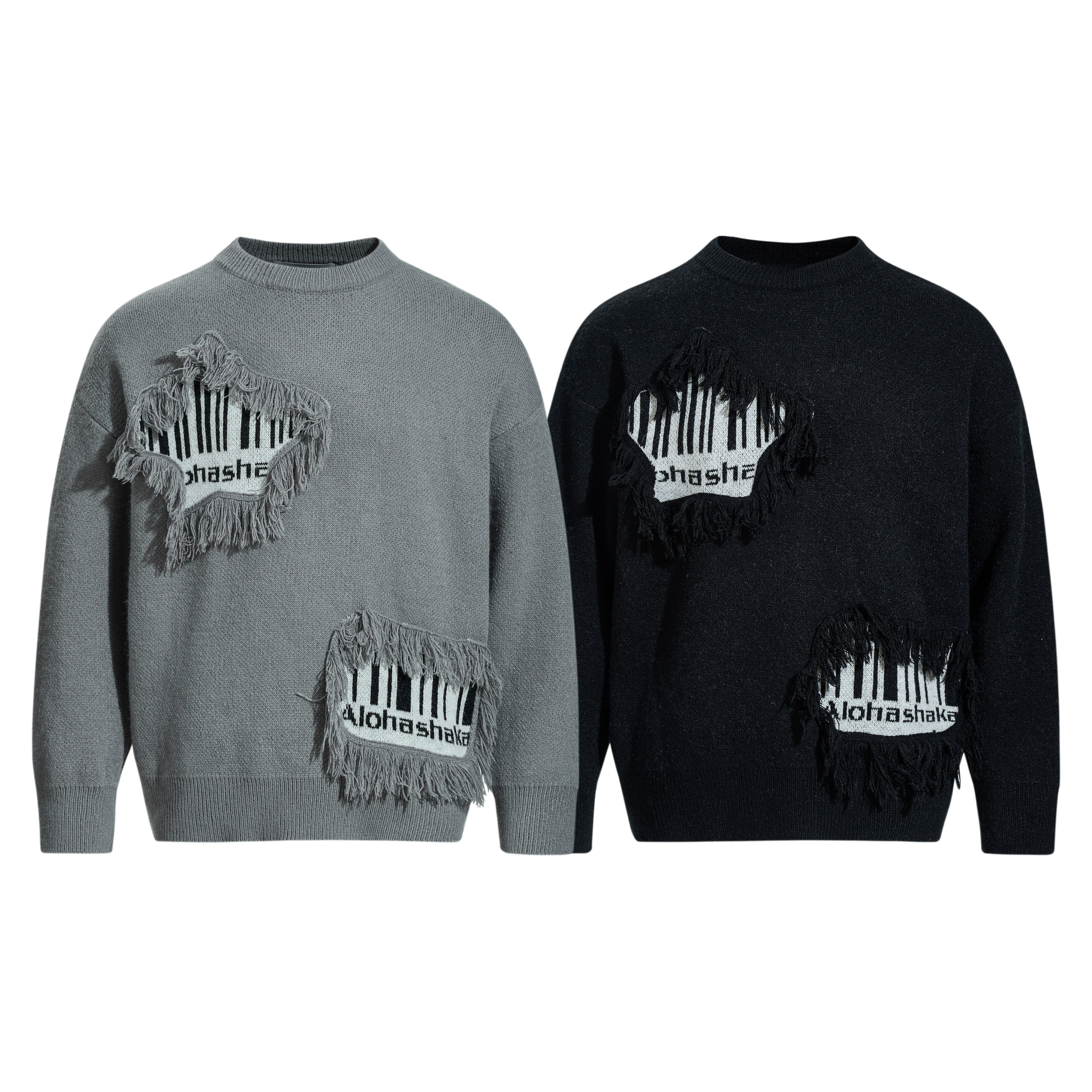 Omirad fringe patch knit sweater in grey and black with distressed woven graphic appliqués, shown side by side on white backg