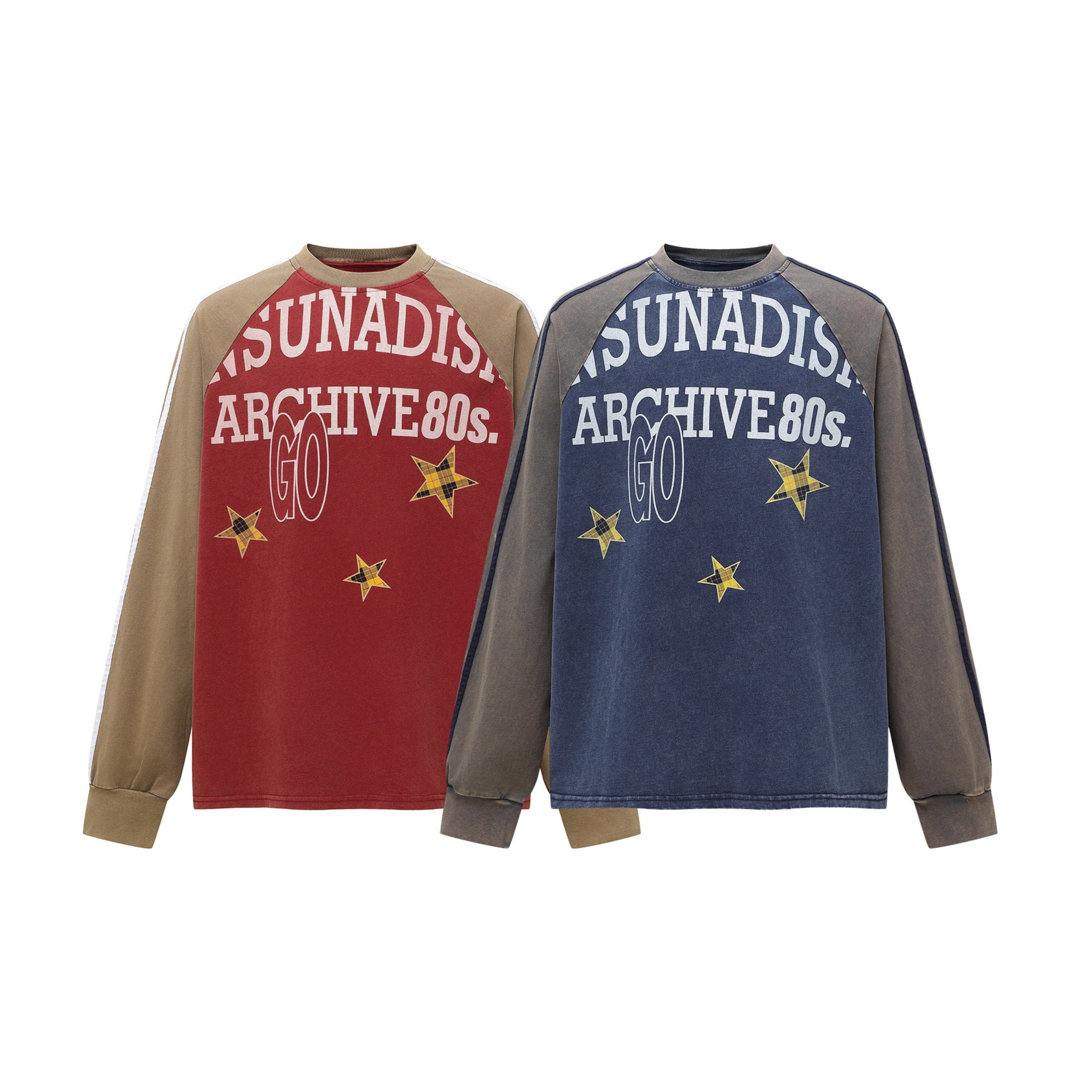 Retro Archive Raglan Long Sleeve Tee in burgundy and navy with plaid star appliqués and oversized 80s archive print