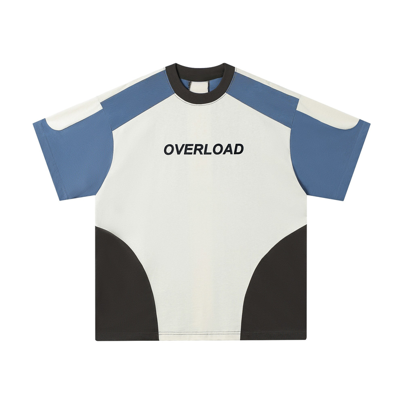 White color-block T-shirt with blue sleeves, black trim, and bold OVERLOAD print on the chest