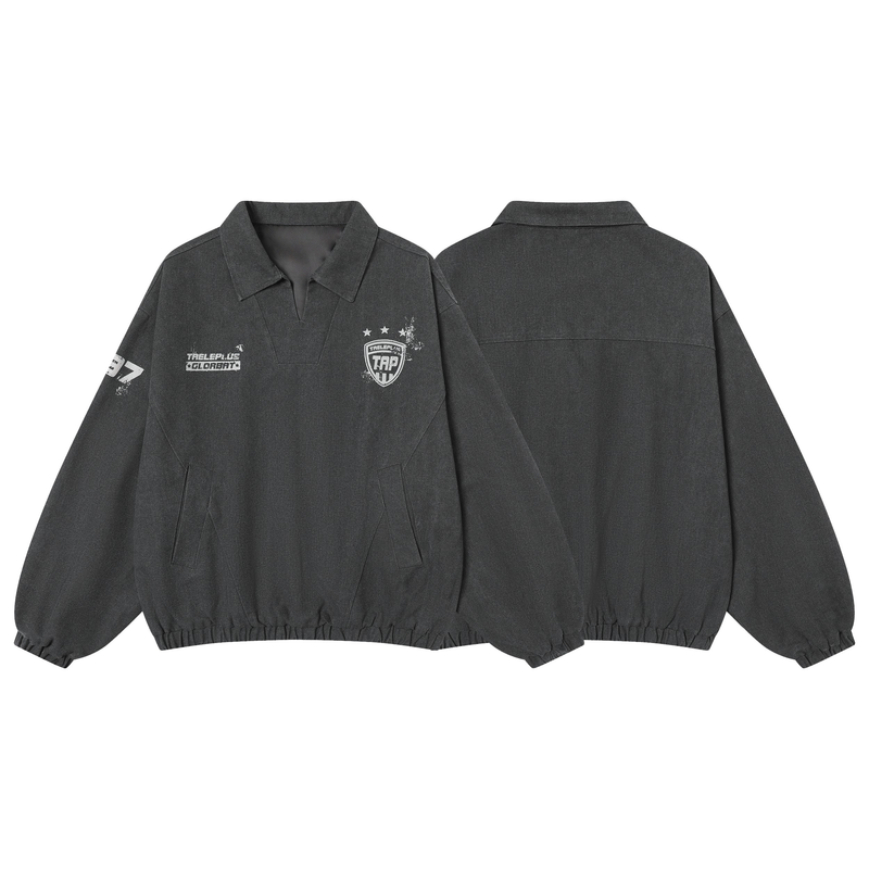 Black pullover sweatshirt front and back views with varsity graphics