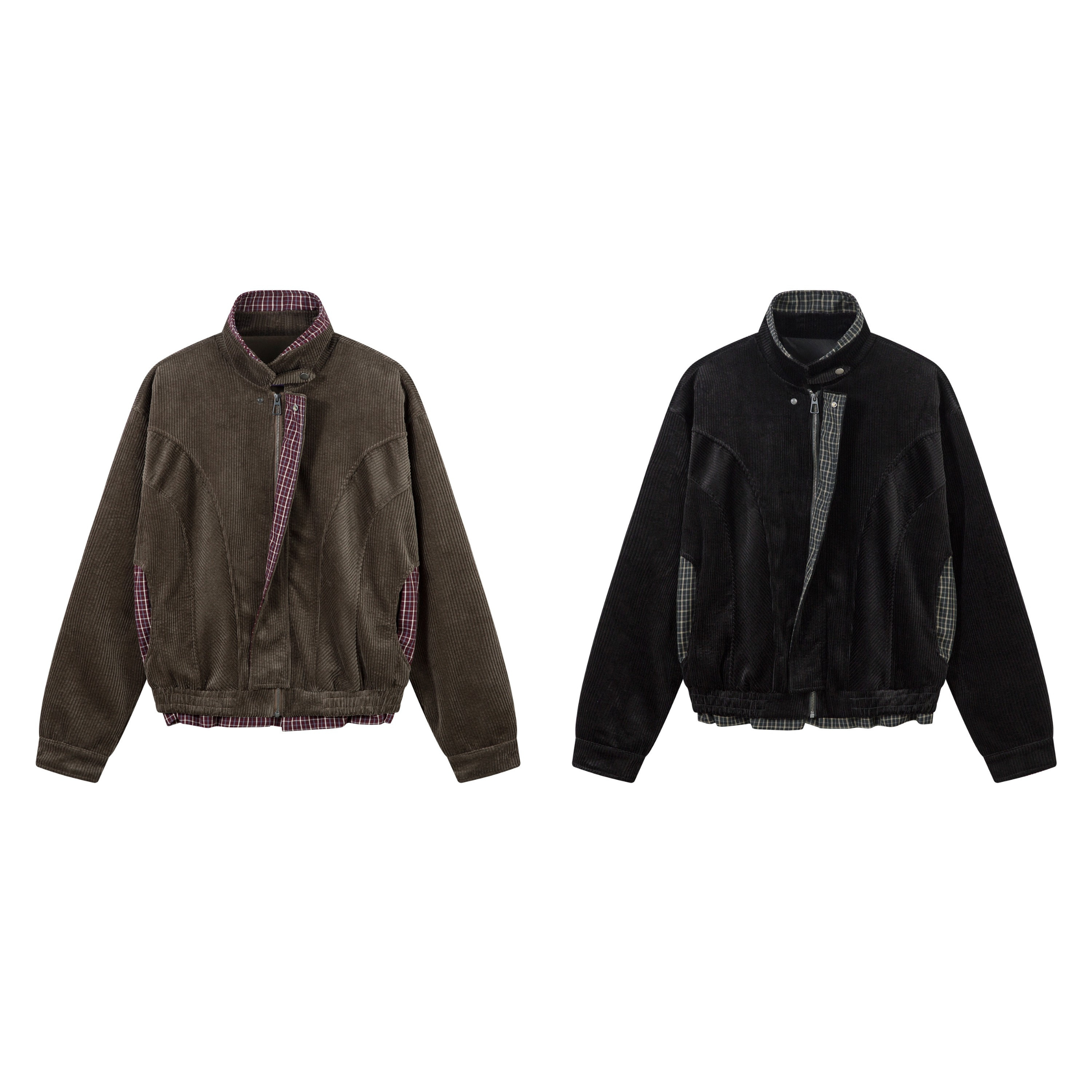 Corduroy zip jacket in brown and black with contrast plaid lining at collar and hem, relaxed cropped fit, flat lay product sh