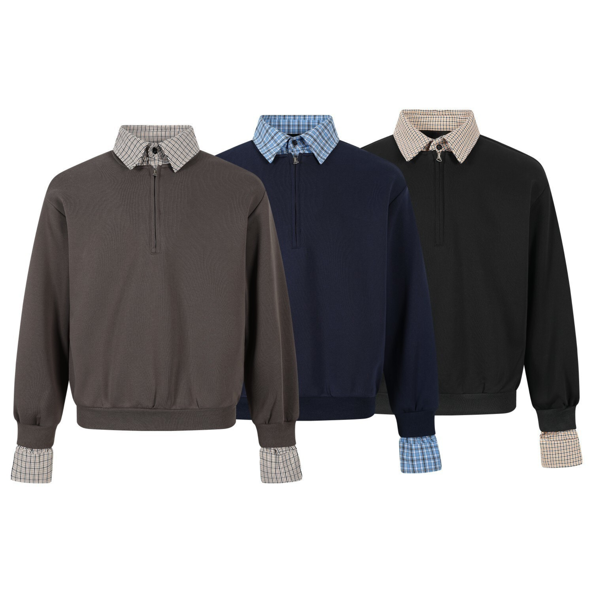 Three layered collar half-zip pullovers in charcoal, navy, and black with checkered collar and cuff trim
