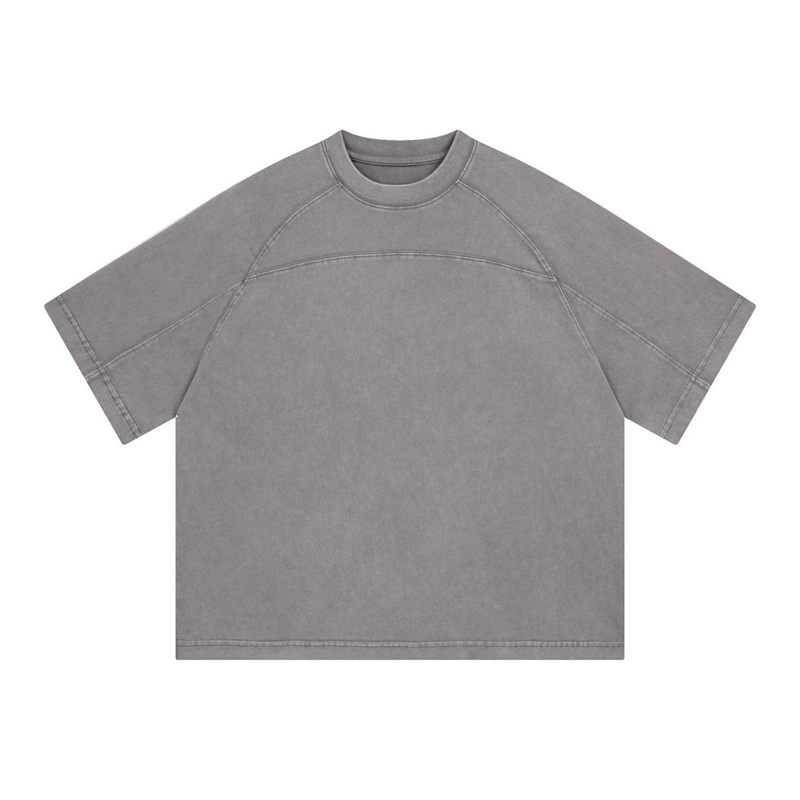 Vintage washed oversized gray cotton T-shirt with relaxed fit and wide short sleeves on a white background