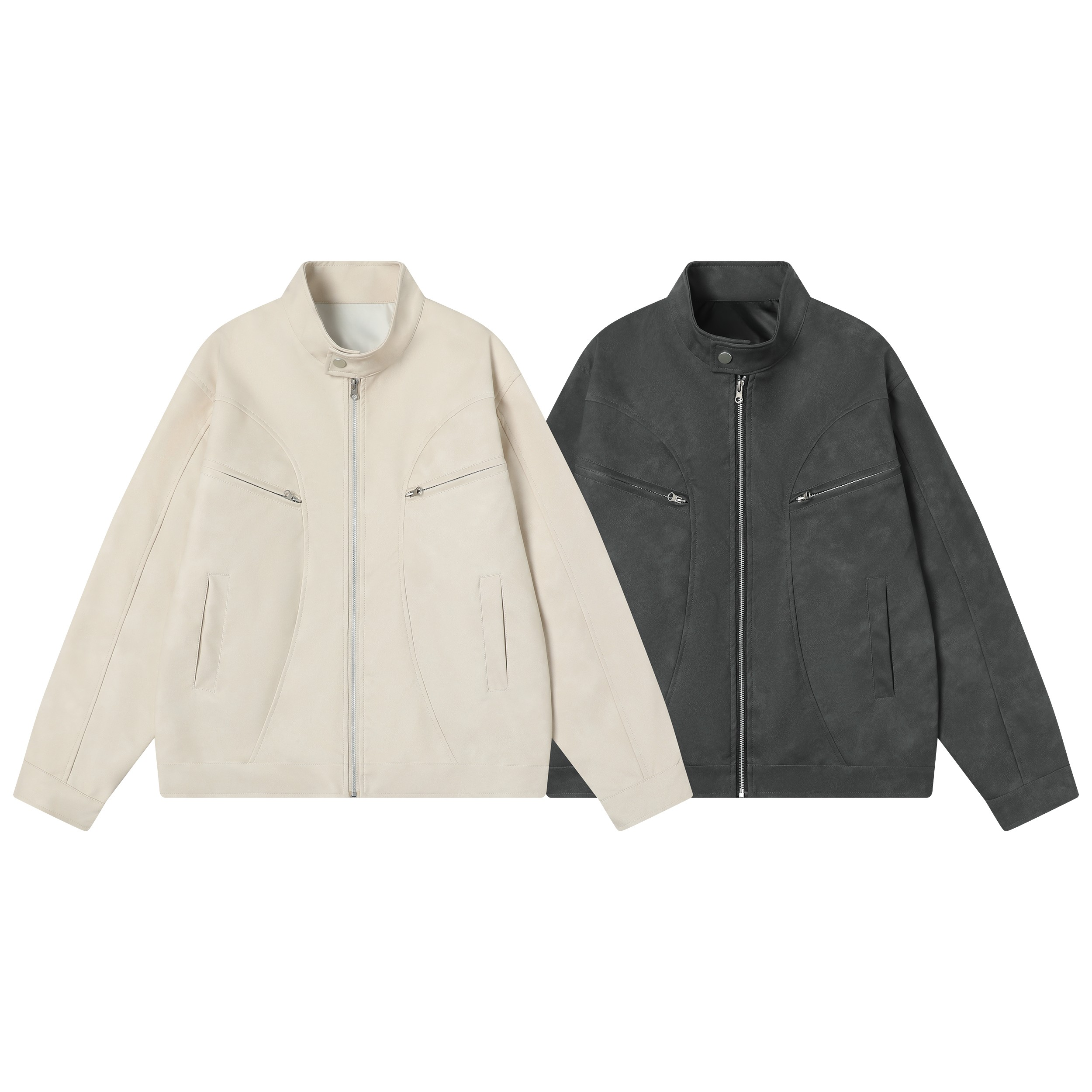 Stand collar PU zip jacket in off-white and charcoal grey with chest zip pockets and panel seam detail, flat lay product shot