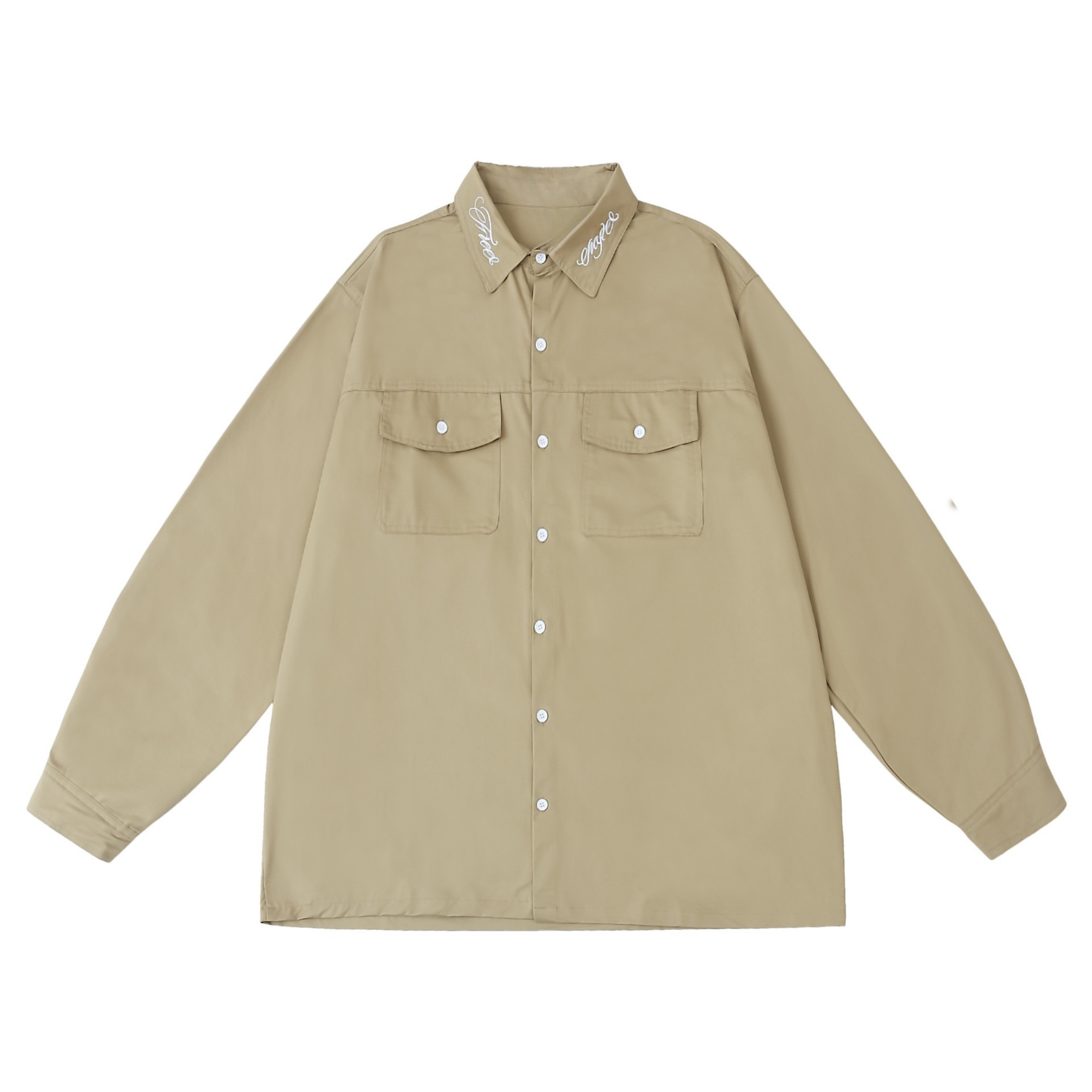 Khaki oversized work shirt with embroidered collar lettering and dual chest flap pockets, front view