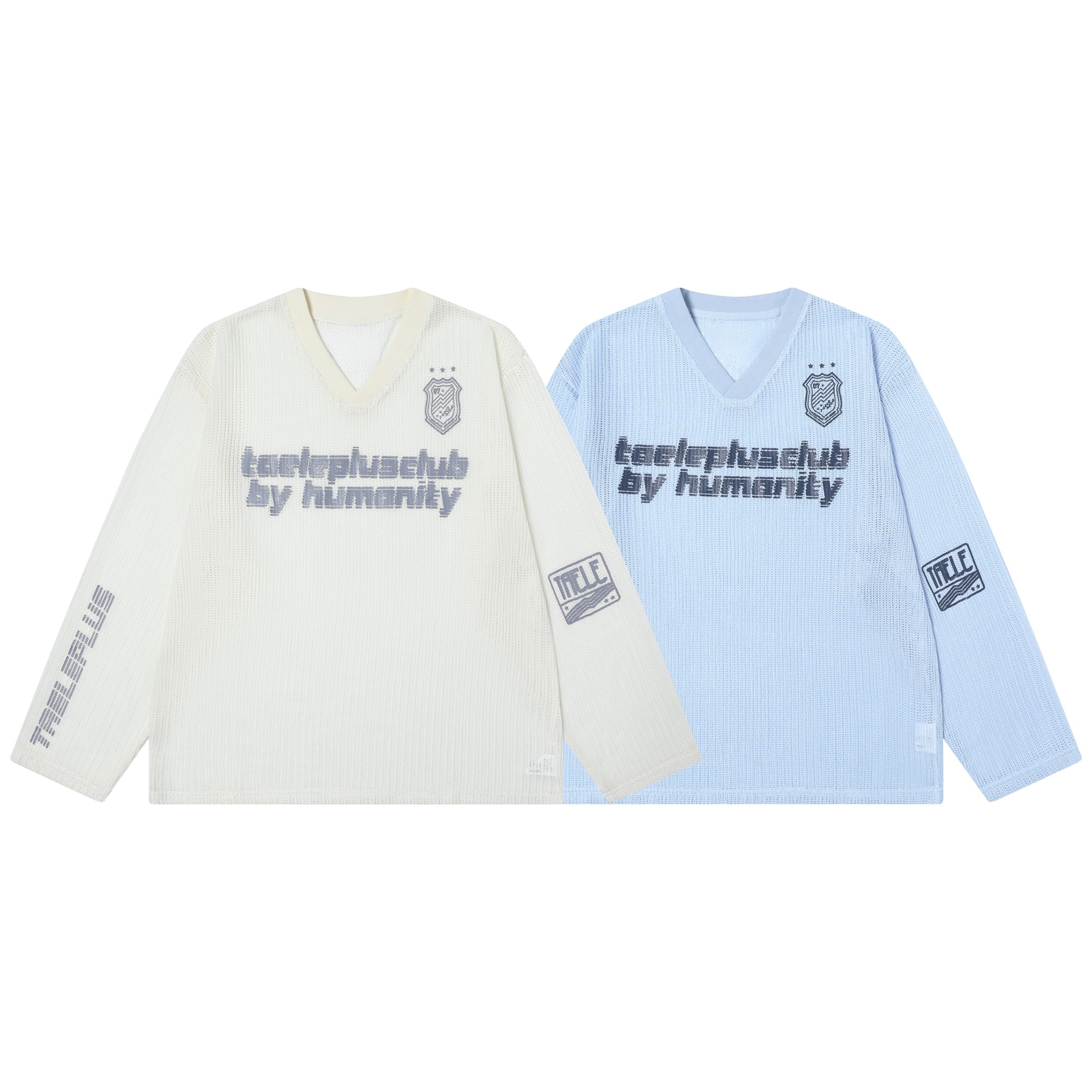 Cream and powder blue mesh V-neck long sleeve tees with varsity graphic print and shield badge, laid flat side by side