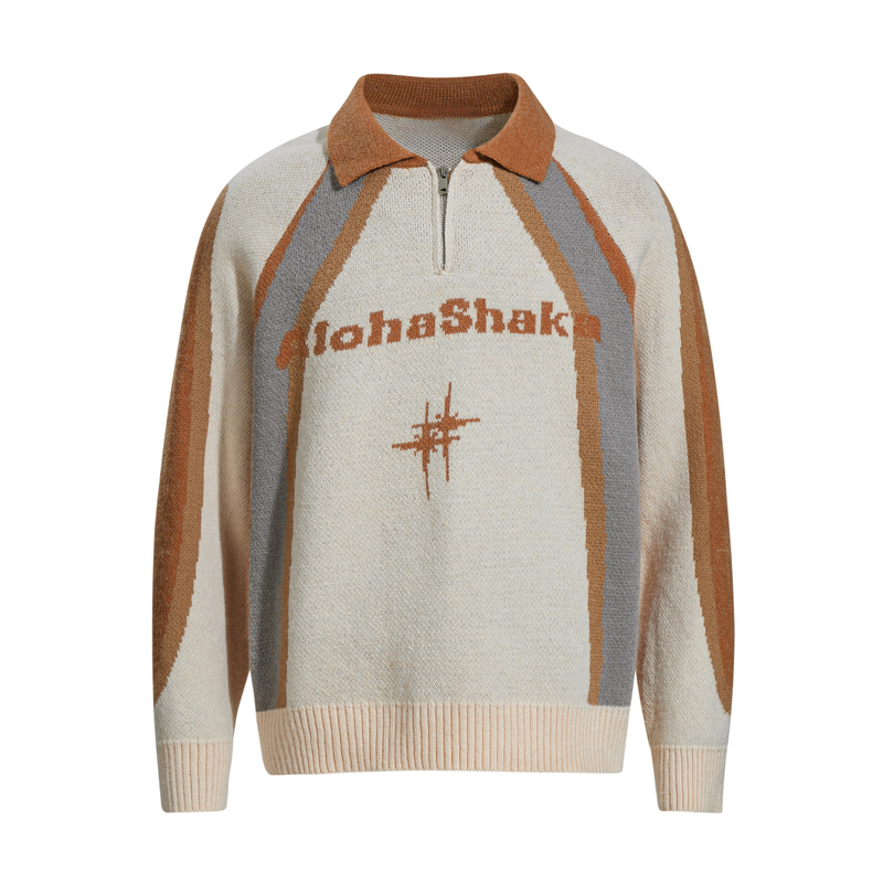 Front view of cream knit half-zip sweater with tan and gray colorblock stripes