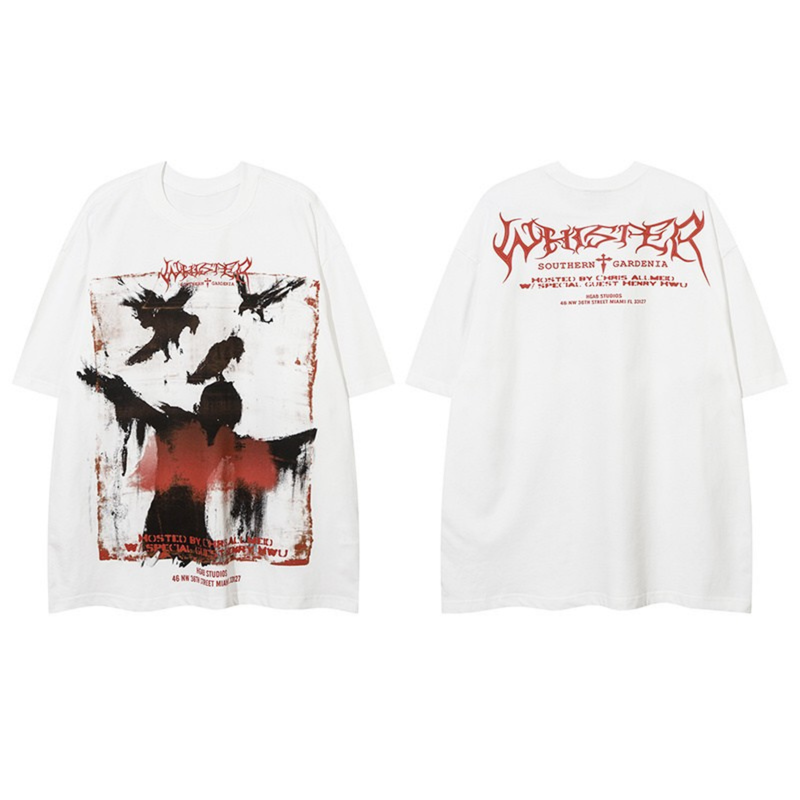 White oversized gothic tee with distressed raven graphic, red accents, and bold back print on front and rear views