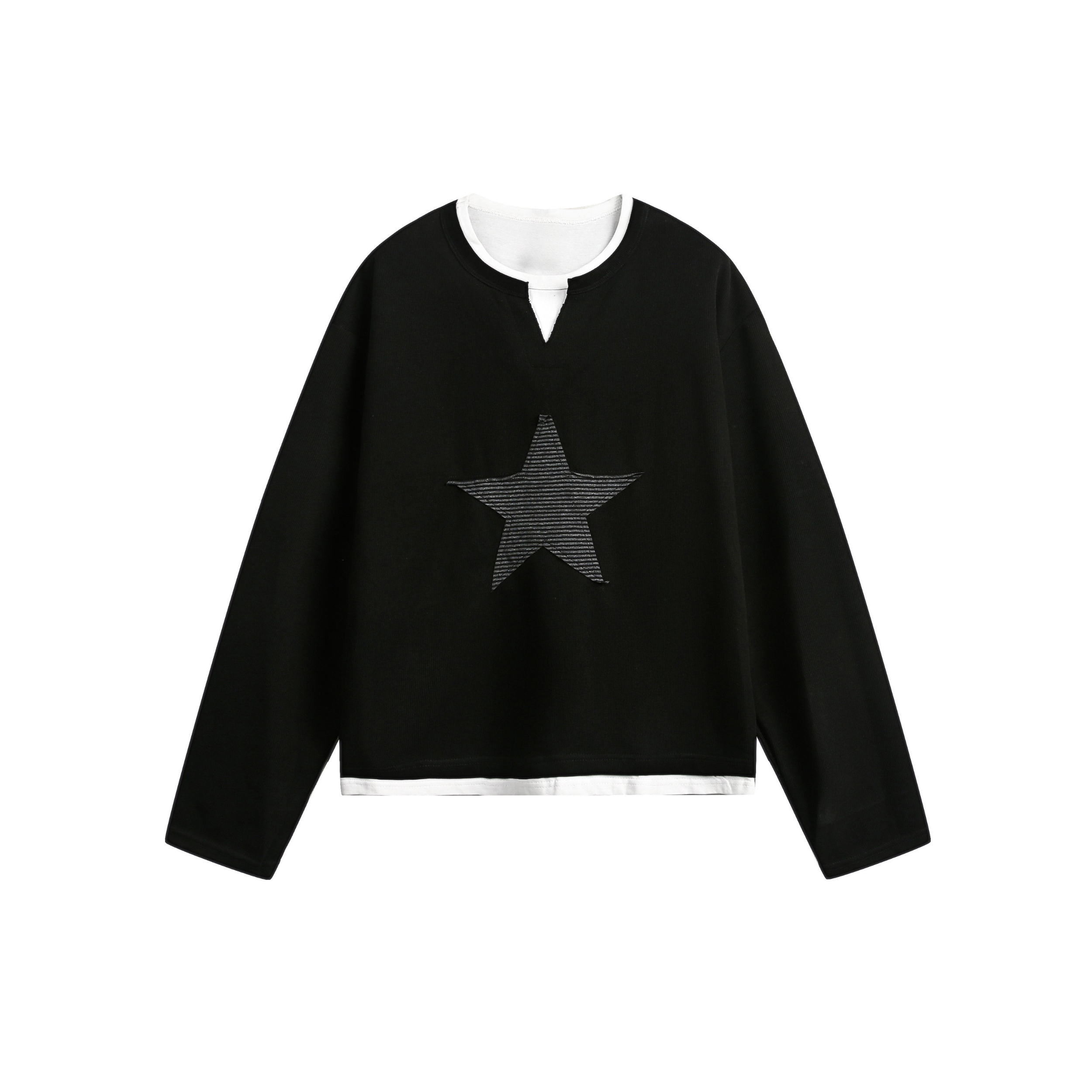 Black cropped cotton long-sleeve sweatshirt with tonal star graphic on chest and white contrast neckline and hem trim