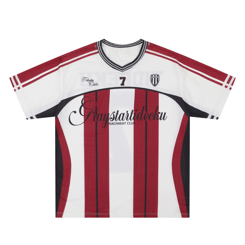 White and red striped mesh football jersey with black trim, number 7, and streetwear-inspired front graphics