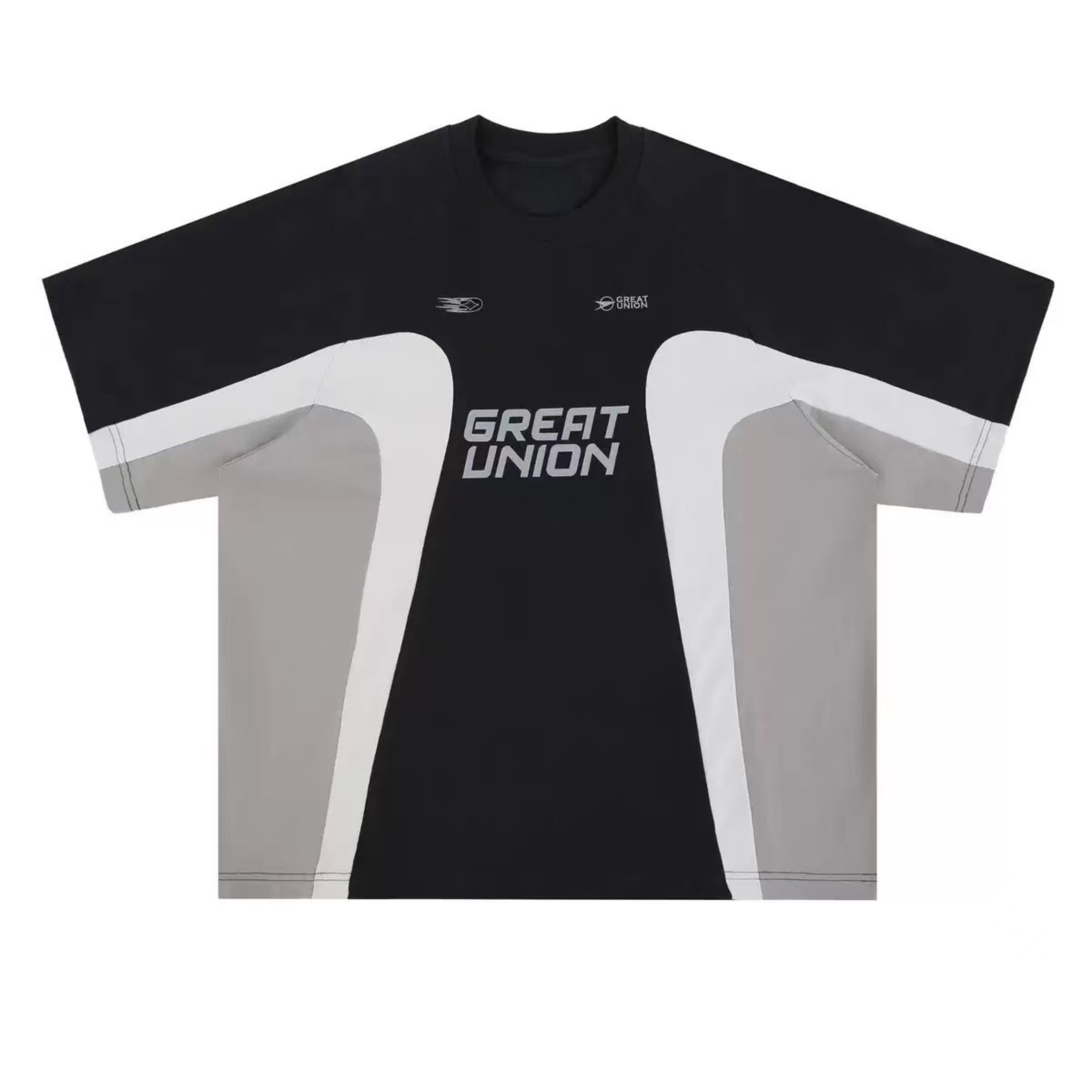 Great Union black and grey colorblock oversized cotton t-shirt with curved contrast panels and front logo print