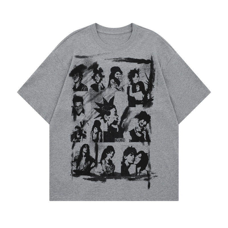 Gray oversized graphic tee with black abstract portrait collage print on the front