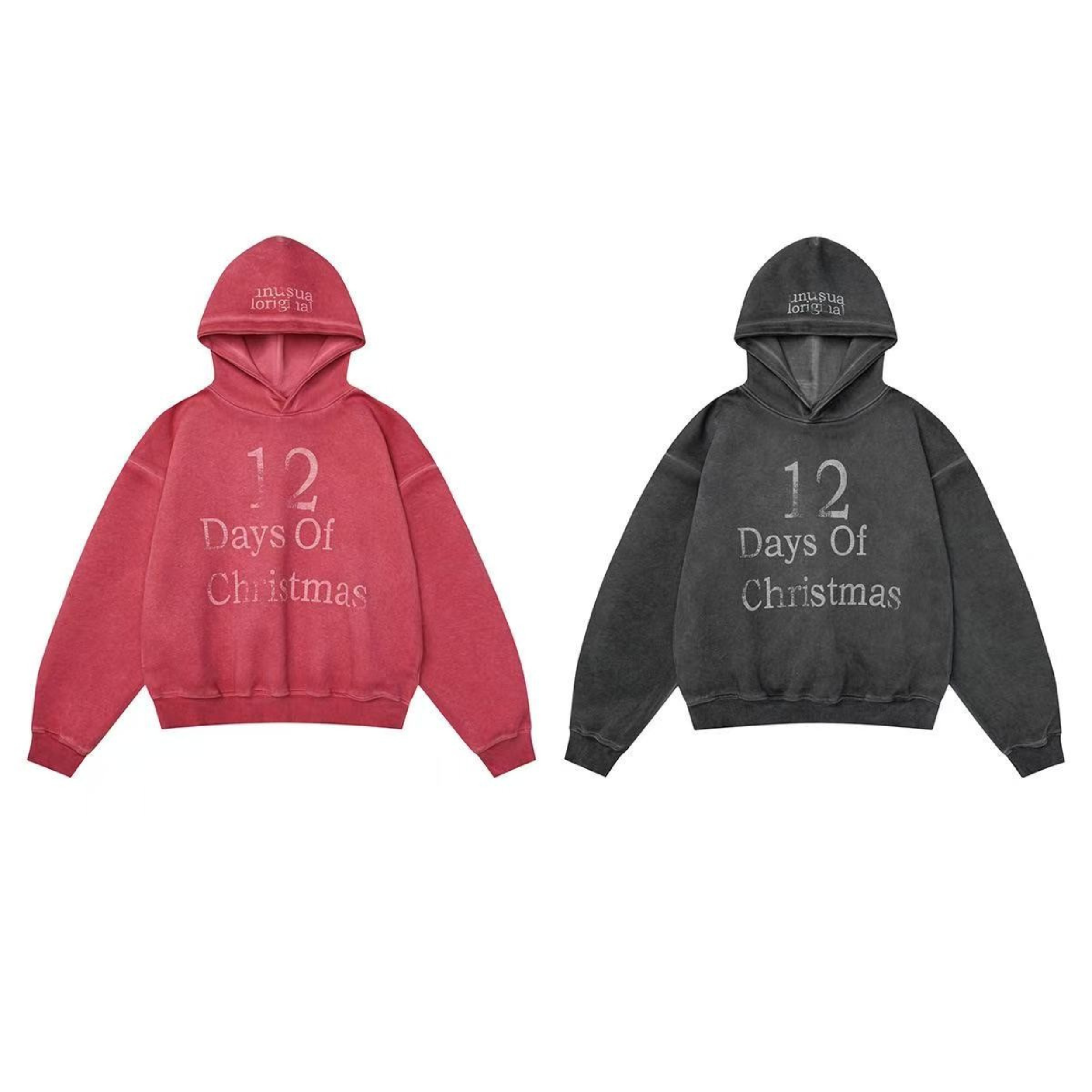Washed red and charcoal oversized pullover hoodies with 12 Days of Christmas distressed front graphic