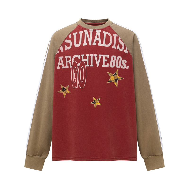 Red raglan long sleeve tee with tan sleeves and vintage star graphic front