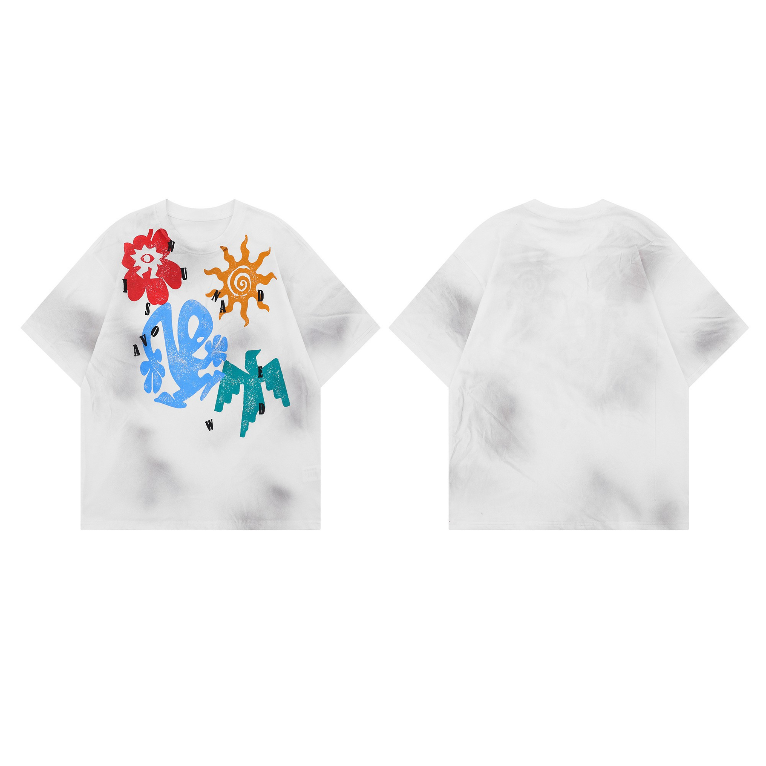 White washed oversized graphic tee with red flower, orange sun, blue lettering, and teal geometric print on the front