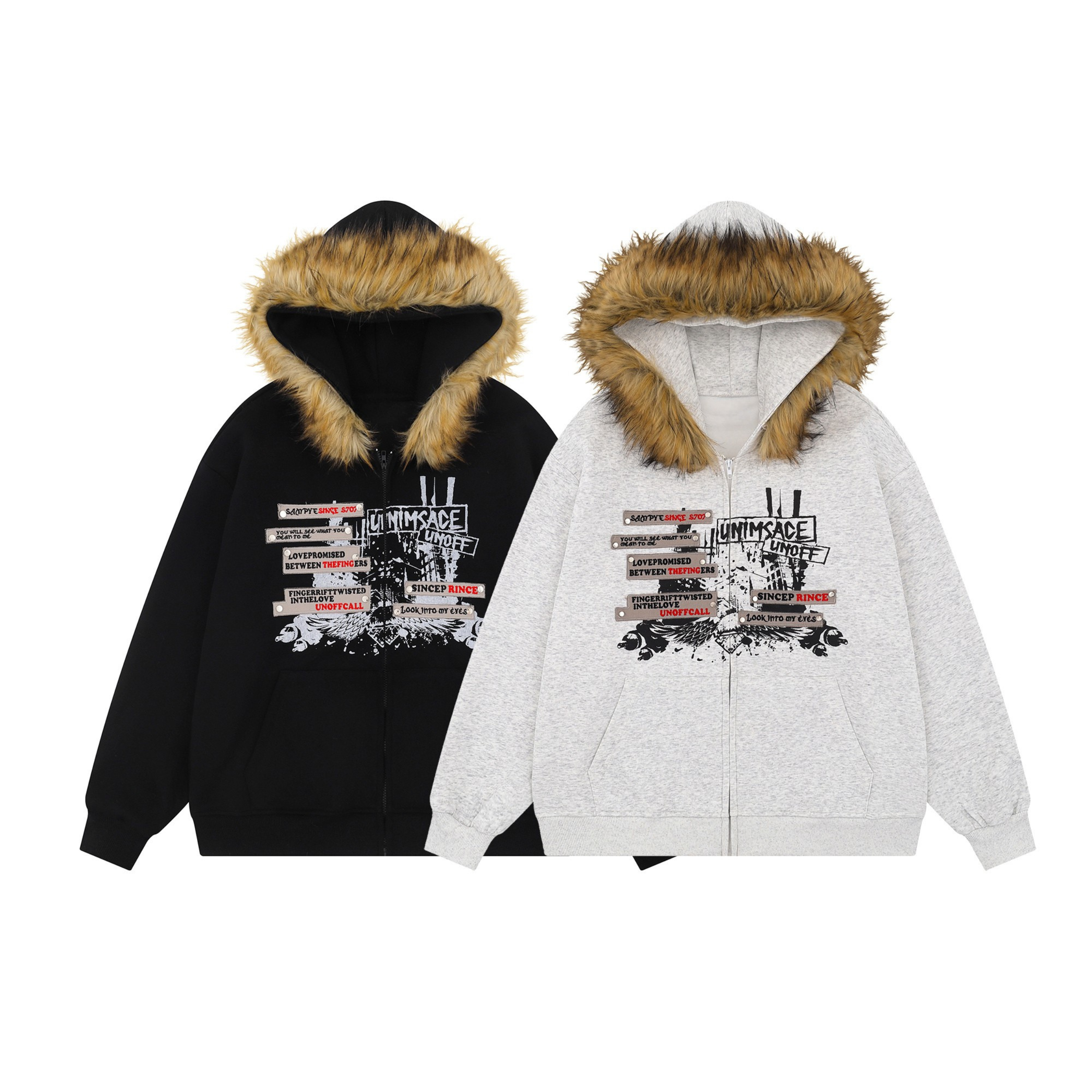 Heather grey fur-trim graphic zip hoodie with layered street-art print and faux-fur hood trim, front view